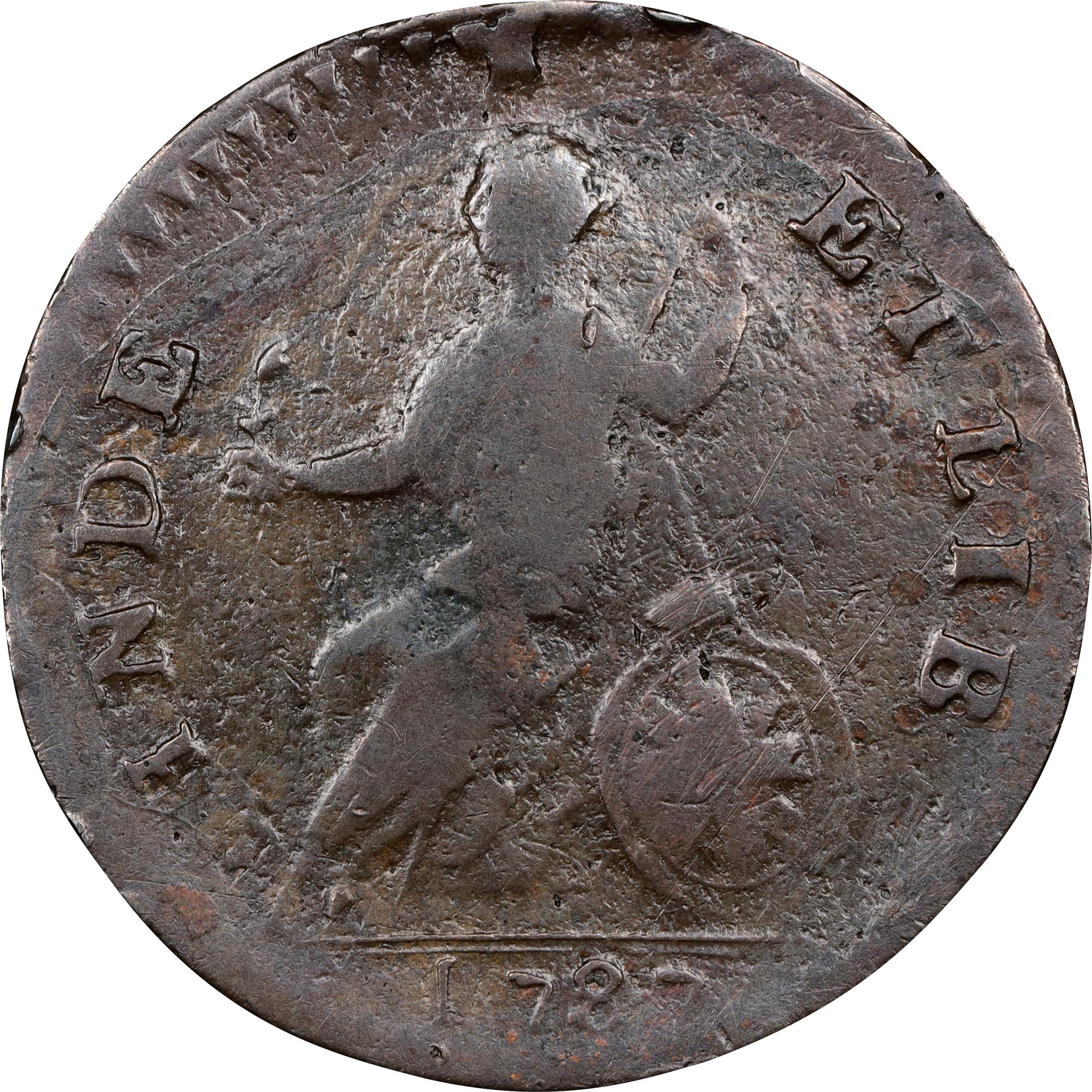 image for: 1787 Vermont Copper. RR-12, Bressett 11-K, W-2110. Rarity-3. Bust Right. Overstruck on a Nova Constellatio Copper. VF-25 (PCGS).