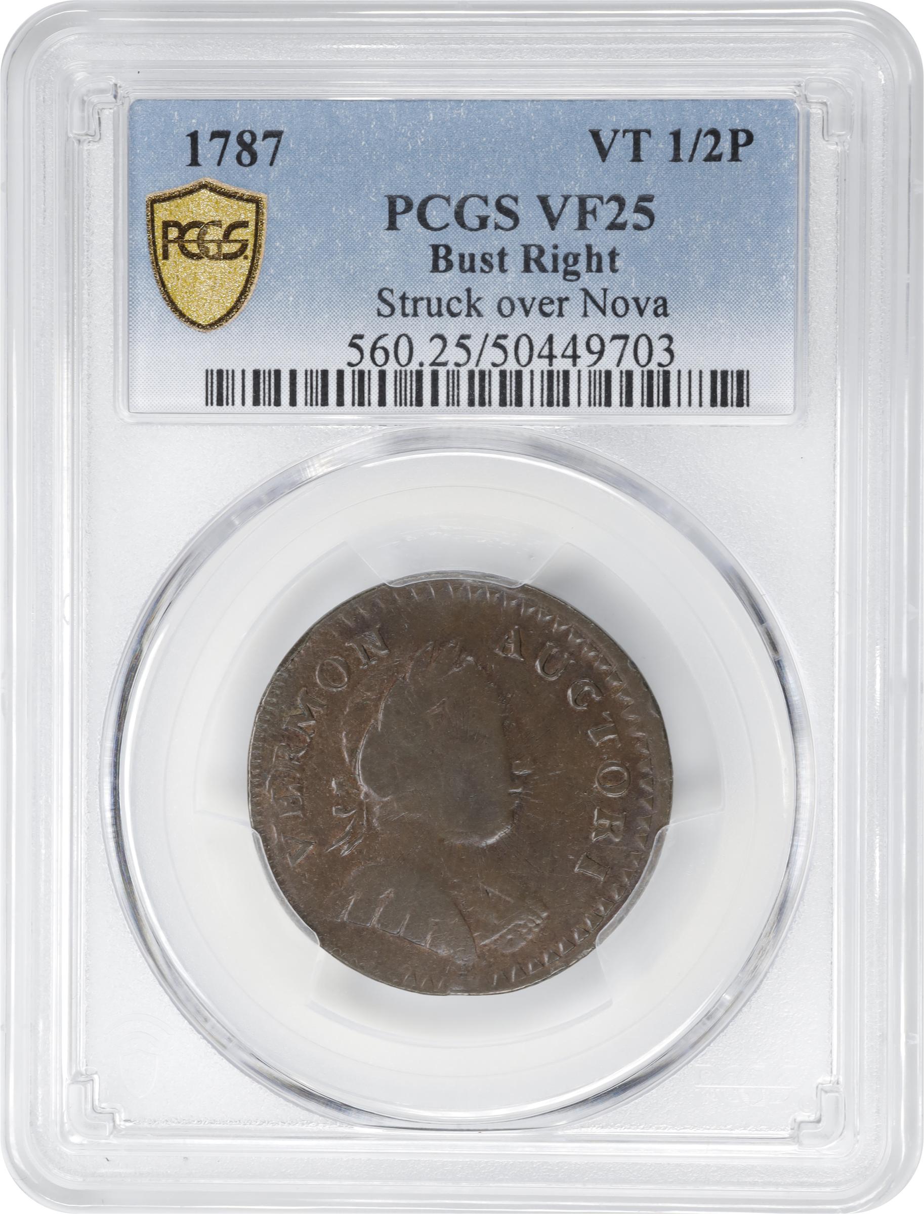 image for: 1787 Vermont Copper. RR-12, Bressett 11-K, W-2110. Rarity-3. Bust Right. Overstruck on a Nova Constellatio Copper. VF-25 (PCGS).