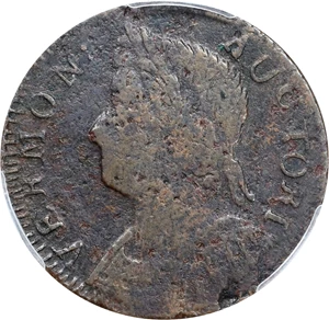 image for: 1787 Vermont Copper. RR-15, Bressett 9-I, W-2060. Rarity-6. Bust Left. Fine Details--Excessive Corrosion (PCGS).