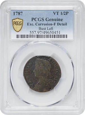 image for: 1787 Vermont Copper. RR-15, Bressett 9-I, W-2060. Rarity-6. Bust Left. Fine Details--Excessive Corrosion (PCGS).