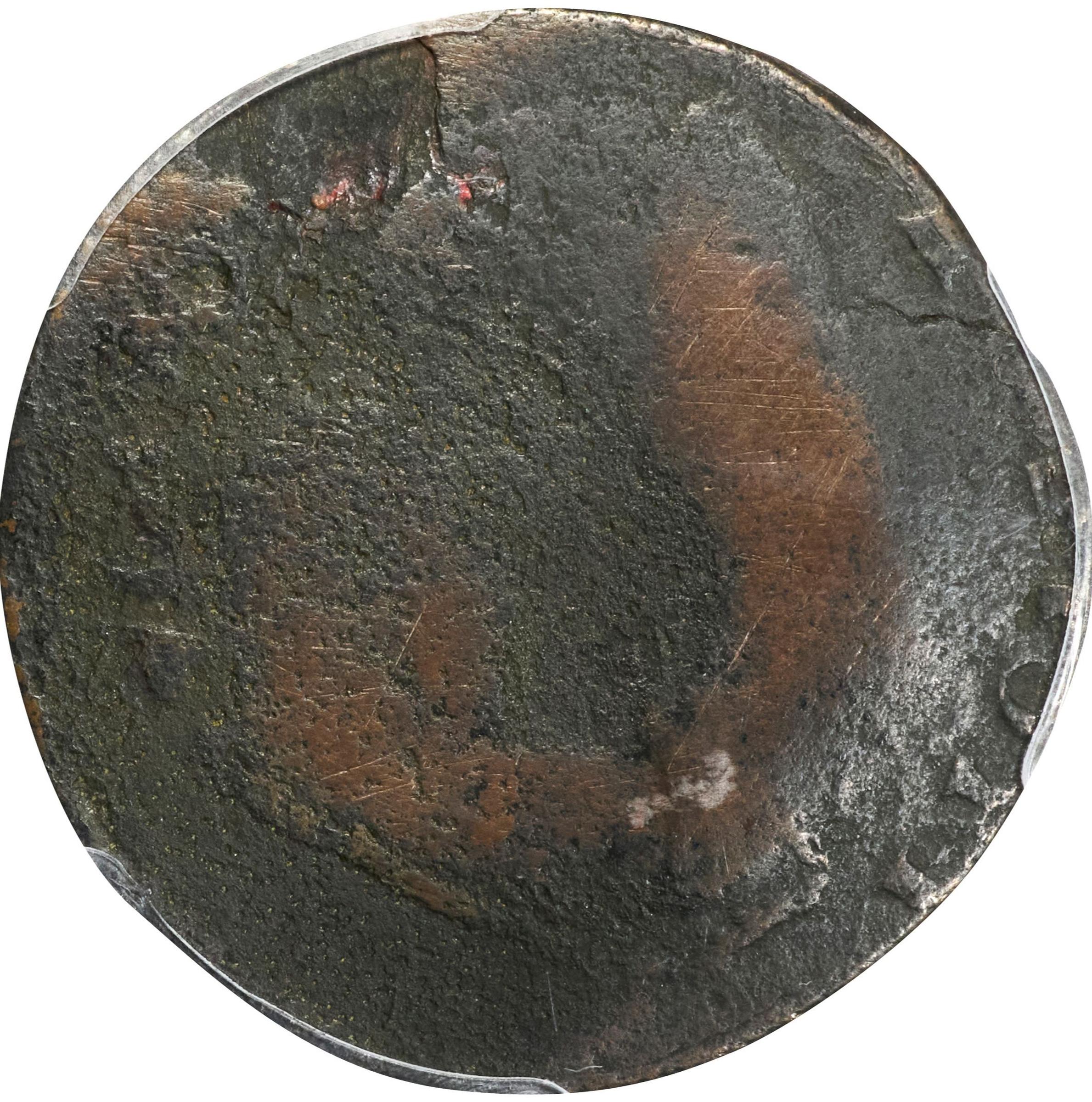 image for: 1788 Vermont Copper. RR-30, Bressett 23-S, W-2225. Rarity-6-. Bust Right, Backward C in AUCTORI. Poor/Fair Details--Environmental Damage (PCGS).