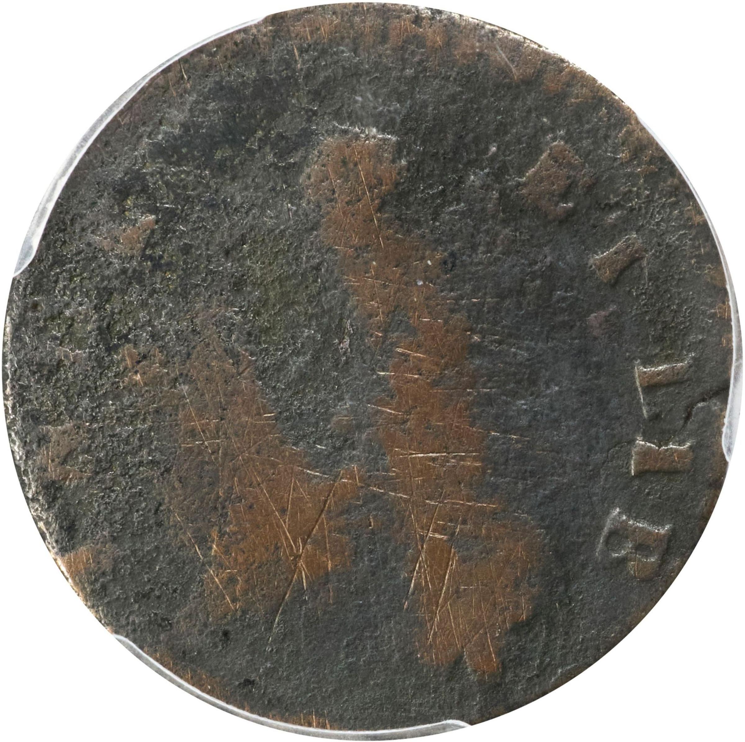 image for: 1788 Vermont Copper. RR-30, Bressett 23-S, W-2225. Rarity-6-. Bust Right, Backward C in AUCTORI. Poor/Fair Details--Environmental Damage (PCGS).