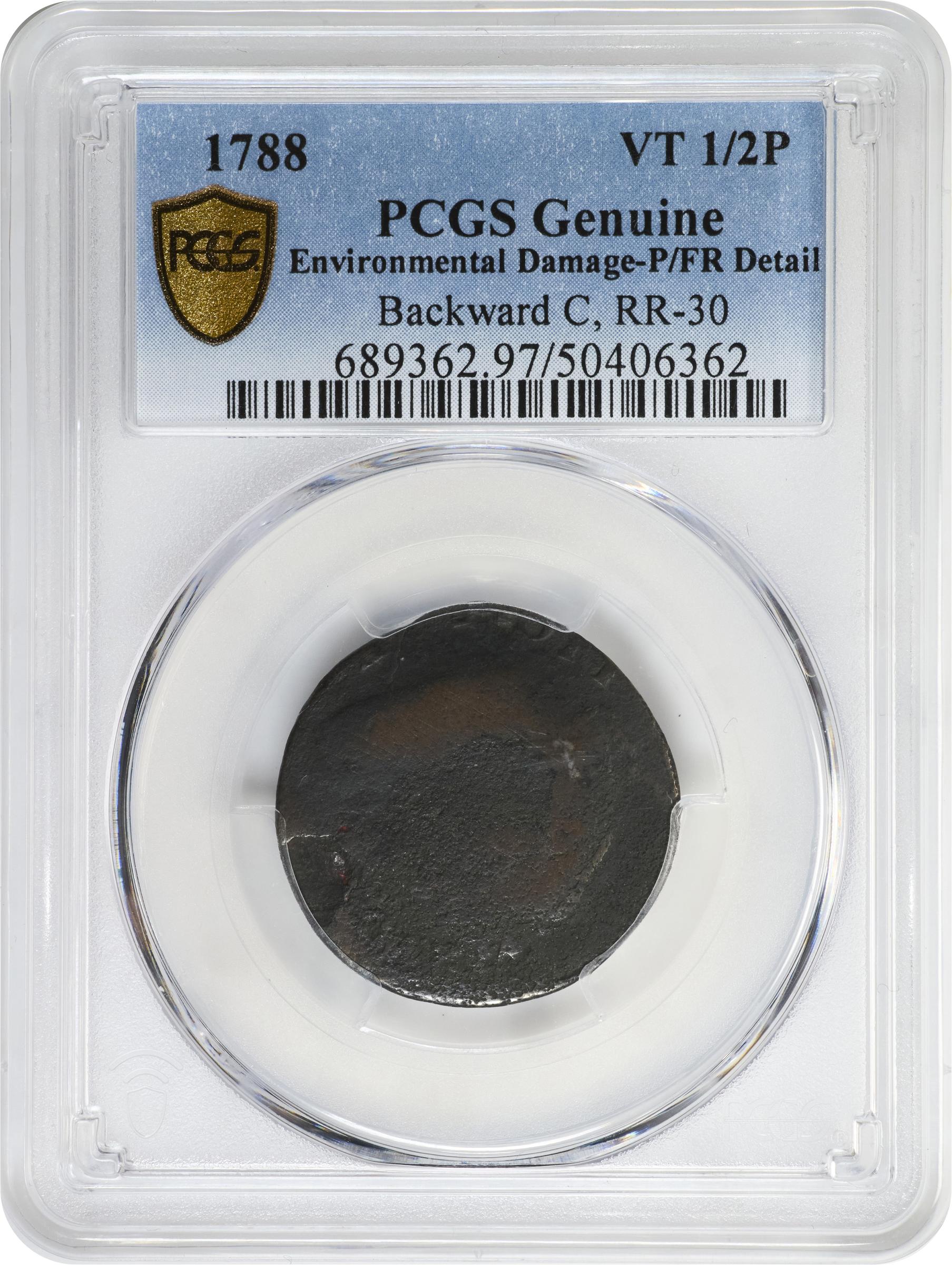 image for: 1788 Vermont Copper. RR-30, Bressett 23-S, W-2225. Rarity-6-. Bust Right, Backward C in AUCTORI. Poor/Fair Details--Environmental Damage (PCGS).