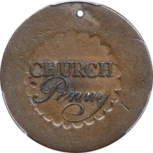 image for: Undated (1790) Albany Church Penny. W-8495. Rarity-7. Without D. AU Details--Holed (PCGS).