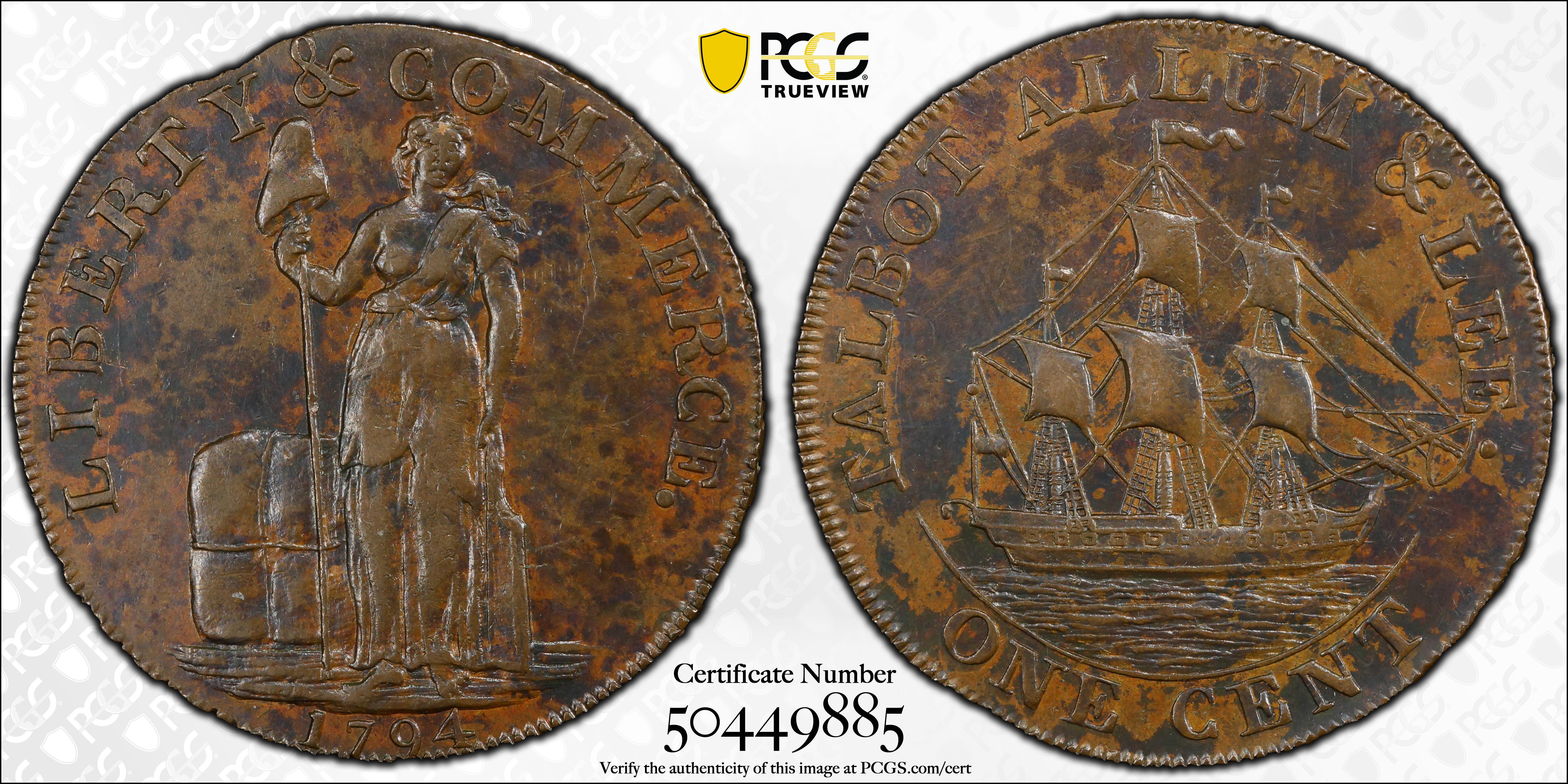 image for: 1794 Talbot, Allum & Lee Cent. Fuld-1, W-8560. Rarity-5. Without NEW YORK. Copper. AU Details--Environmental Damage (PCGS).