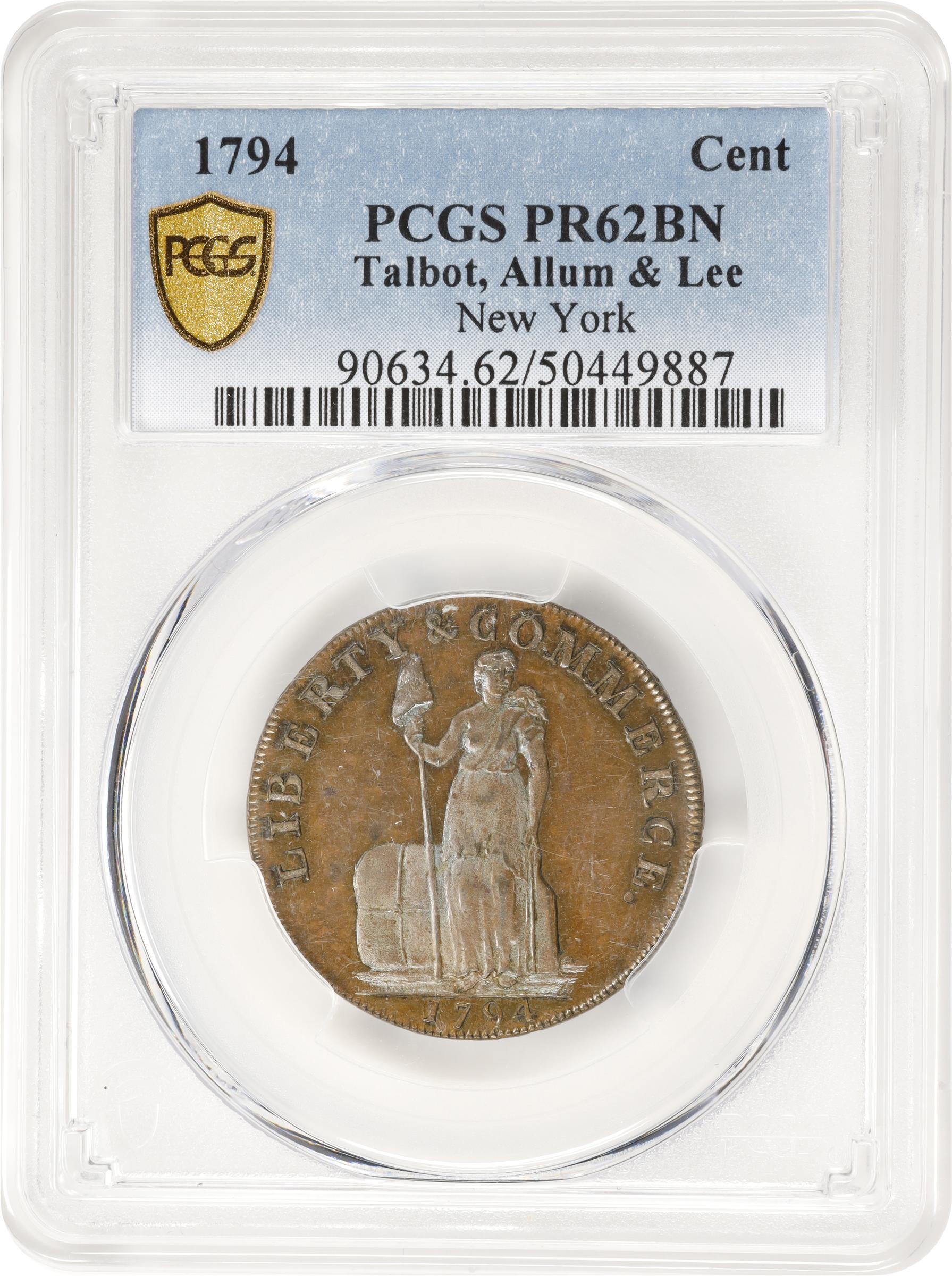 image for: 1794 Talbot, Allum & Lee Cent. Fuld-4, W-8590. Rarity-2. With NEW YORK. Small & on Reverse. Copper. Lettered Edge. Proof-62 BN (PCGS).