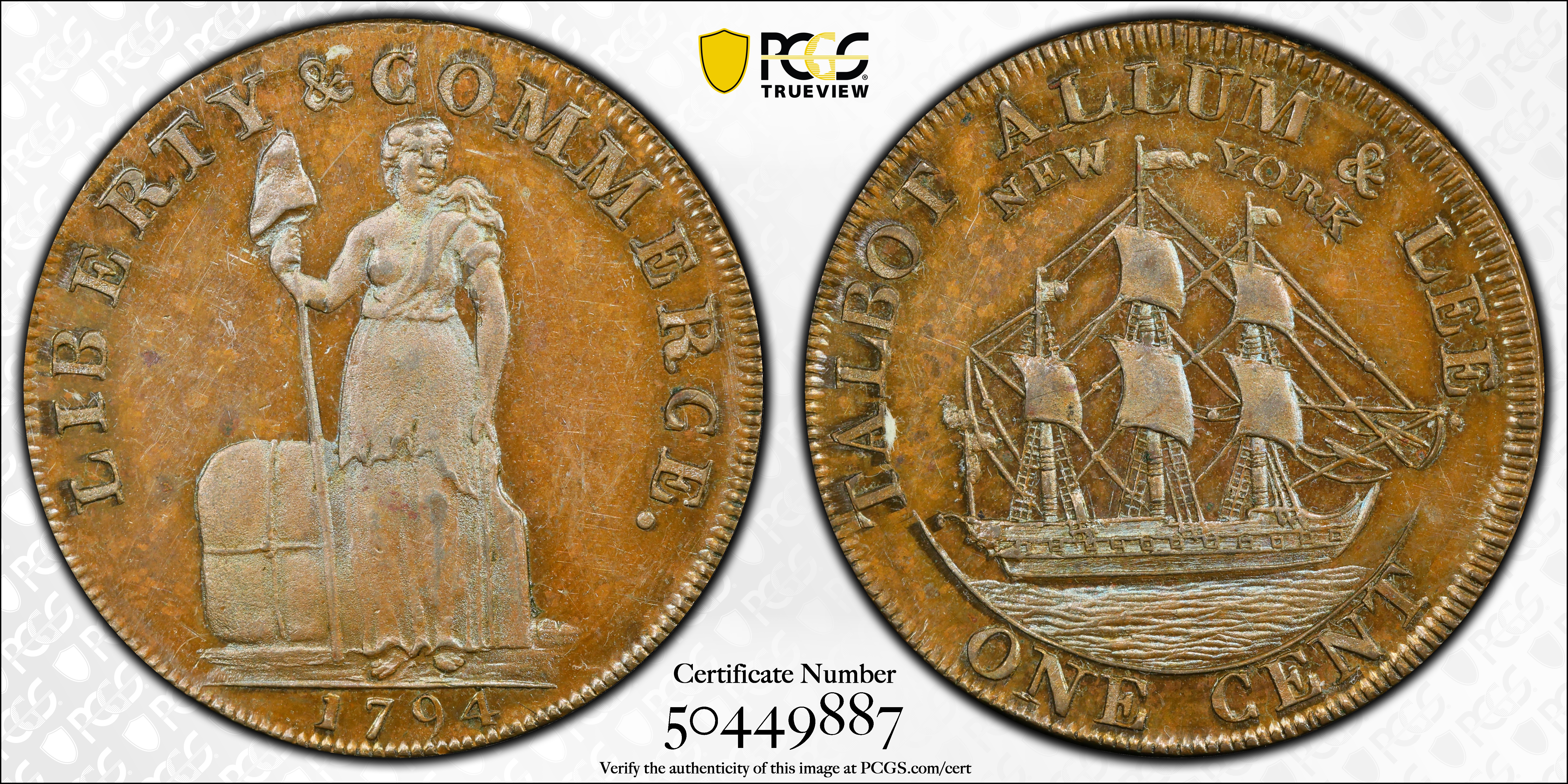 image for: 1794 Talbot, Allum & Lee Cent. Fuld-4, W-8590. Rarity-2. With NEW YORK. Small & on Reverse. Copper. Lettered Edge. Proof-62 BN (PCGS).