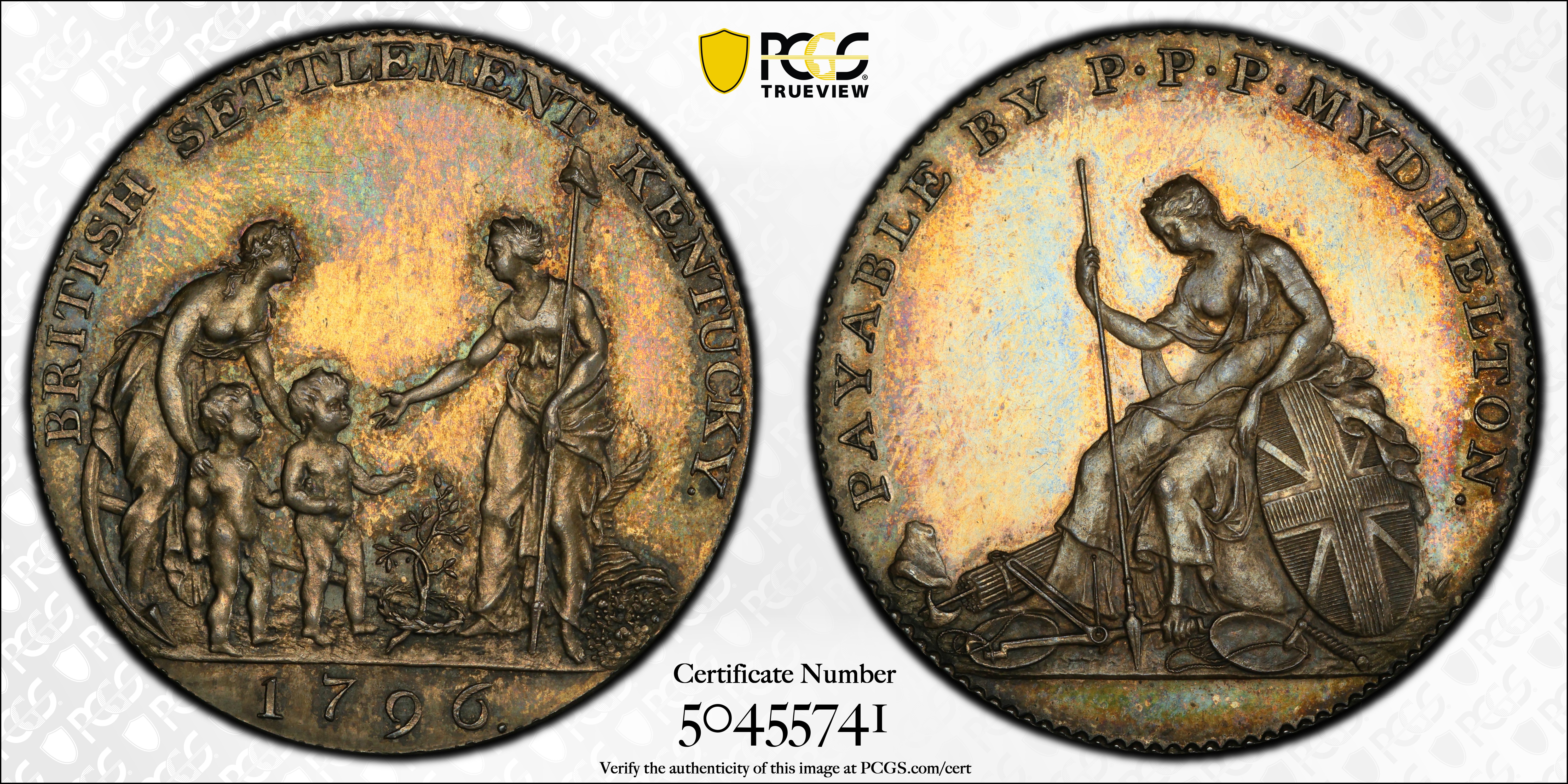 image for: 1796 Myddelton Token. W-8905. Rarity-6. Silver. Proof-64 (PCGS)