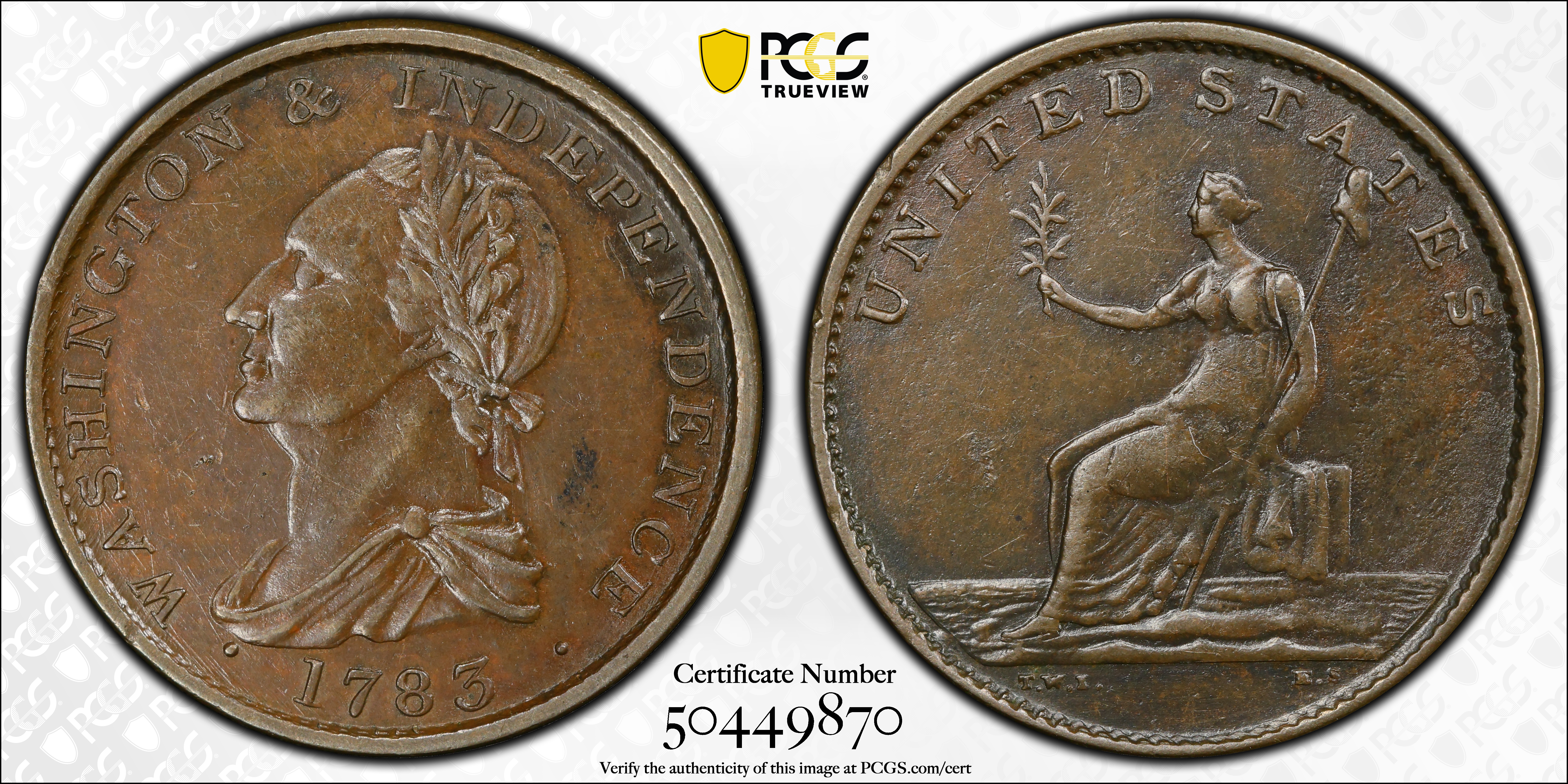 image for: "1783" (ca. 1820) Washington Draped Bust Copper. Musante GW-108, Vlack 20-P, Baker-5, W-10410. With Button. AU-50 (PCGS).
