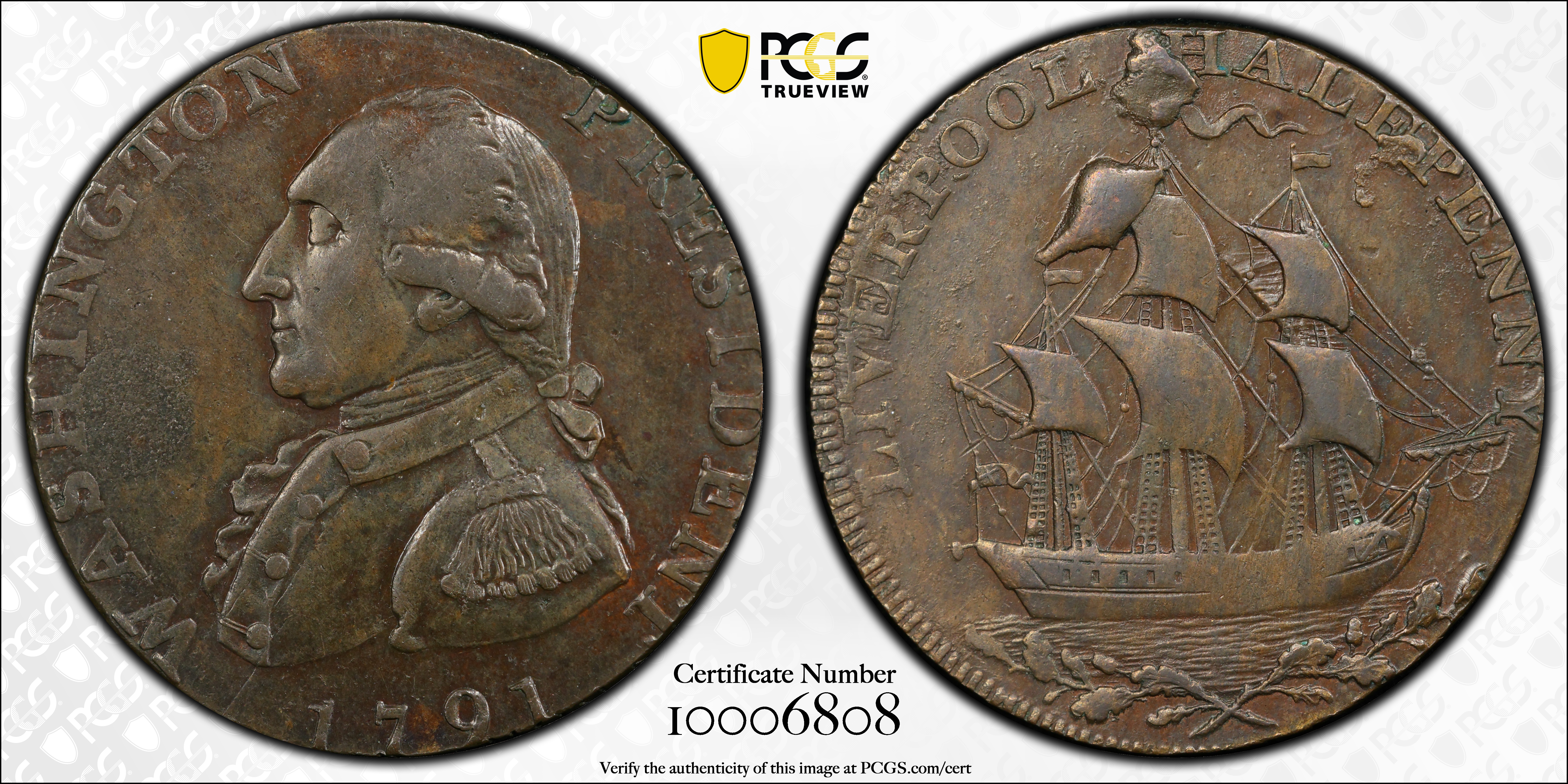 image for: 1791 Washington Liverpool Halfpenny. Musante GW-19, Baker-17, W-10650. Copper. Lettered Edge. AU-55 (PCGS).