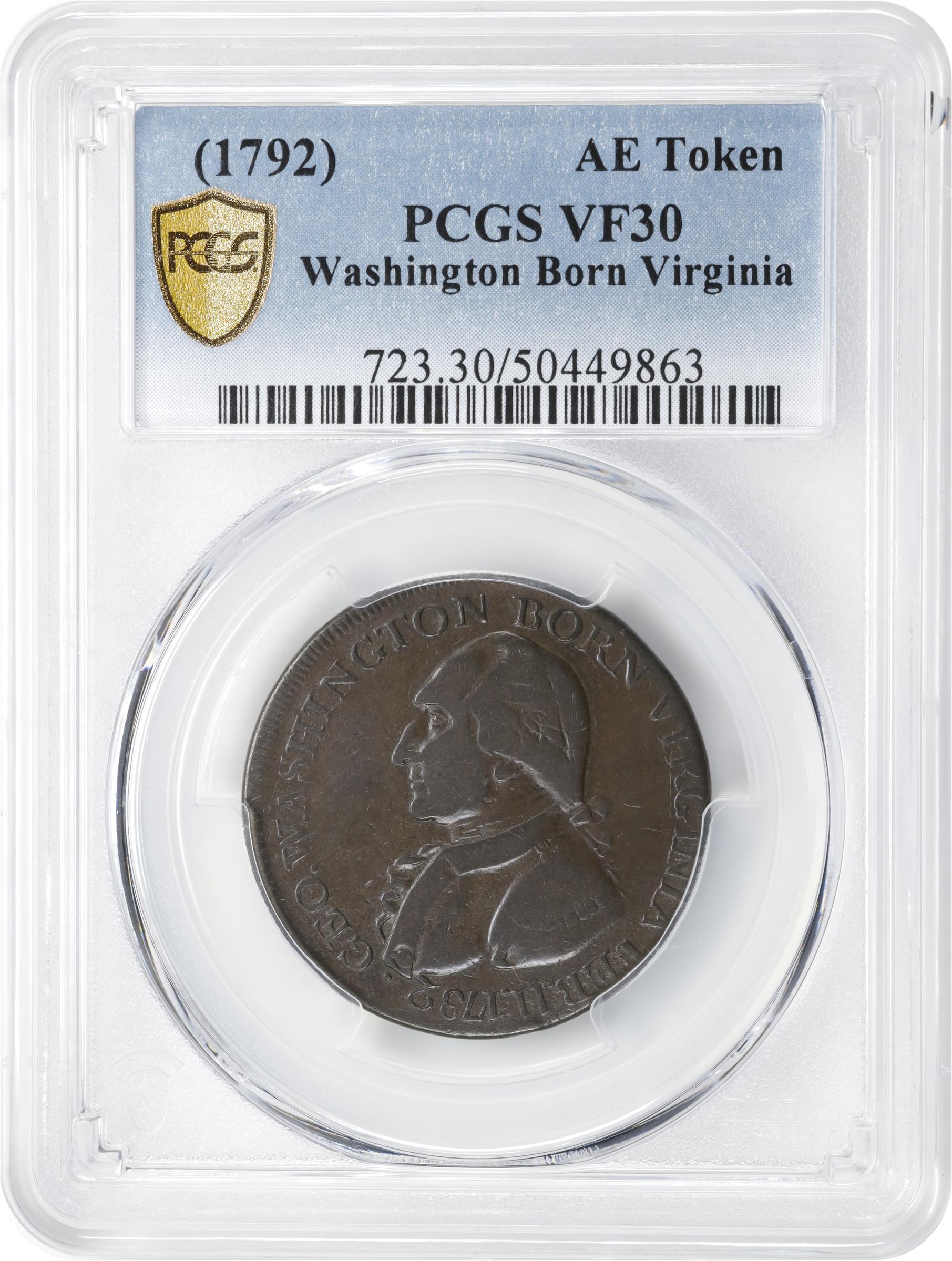 image for: "1789" (ca. 1792) Washington Born Virginia Copper. Legend Reverse. Musante GW-33, Baker-30, W-10730. Second Reverse. VF-30 (PCGS).