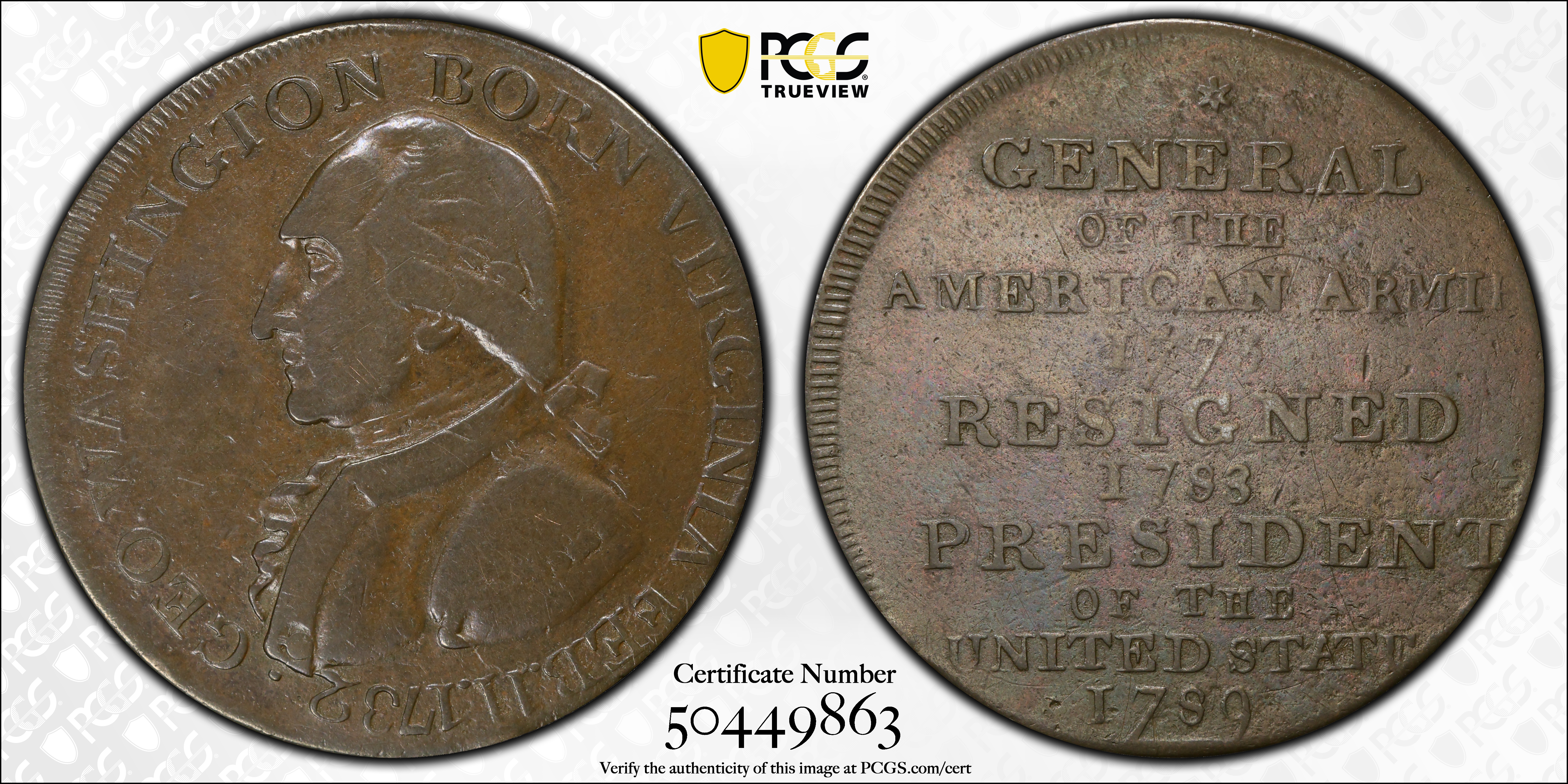 image for: "1789" (ca. 1792) Washington Born Virginia Copper. Legend Reverse. Musante GW-33, Baker-30, W-10730. Second Reverse. VF-30 (PCGS).