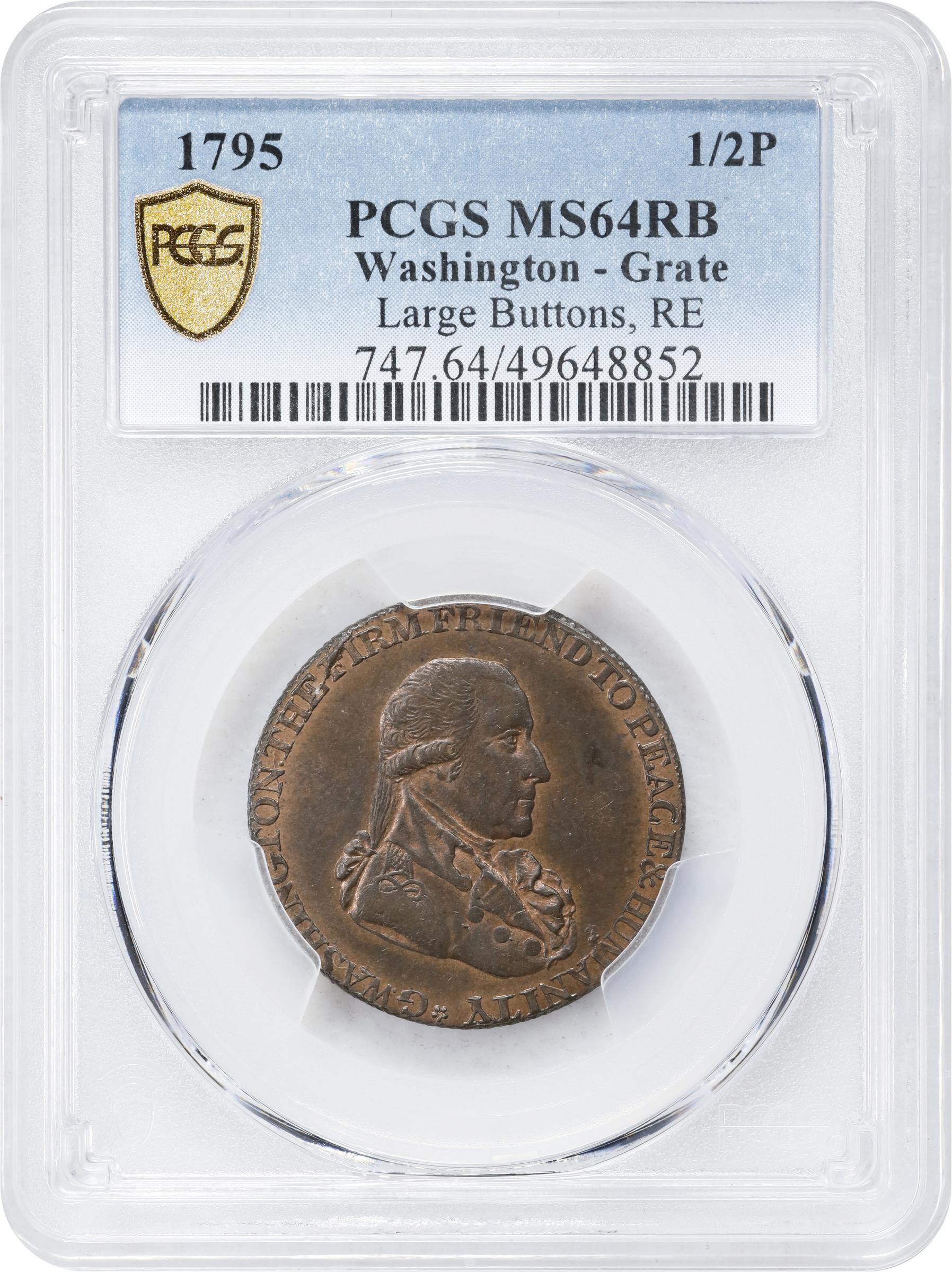 image for: 1795 Washington Grate Halfpenny. Musante GW-49, Baker-29AA, W-10955. Large Buttons. Copper. Reeded Edge. MS-64 RB (PCGS).