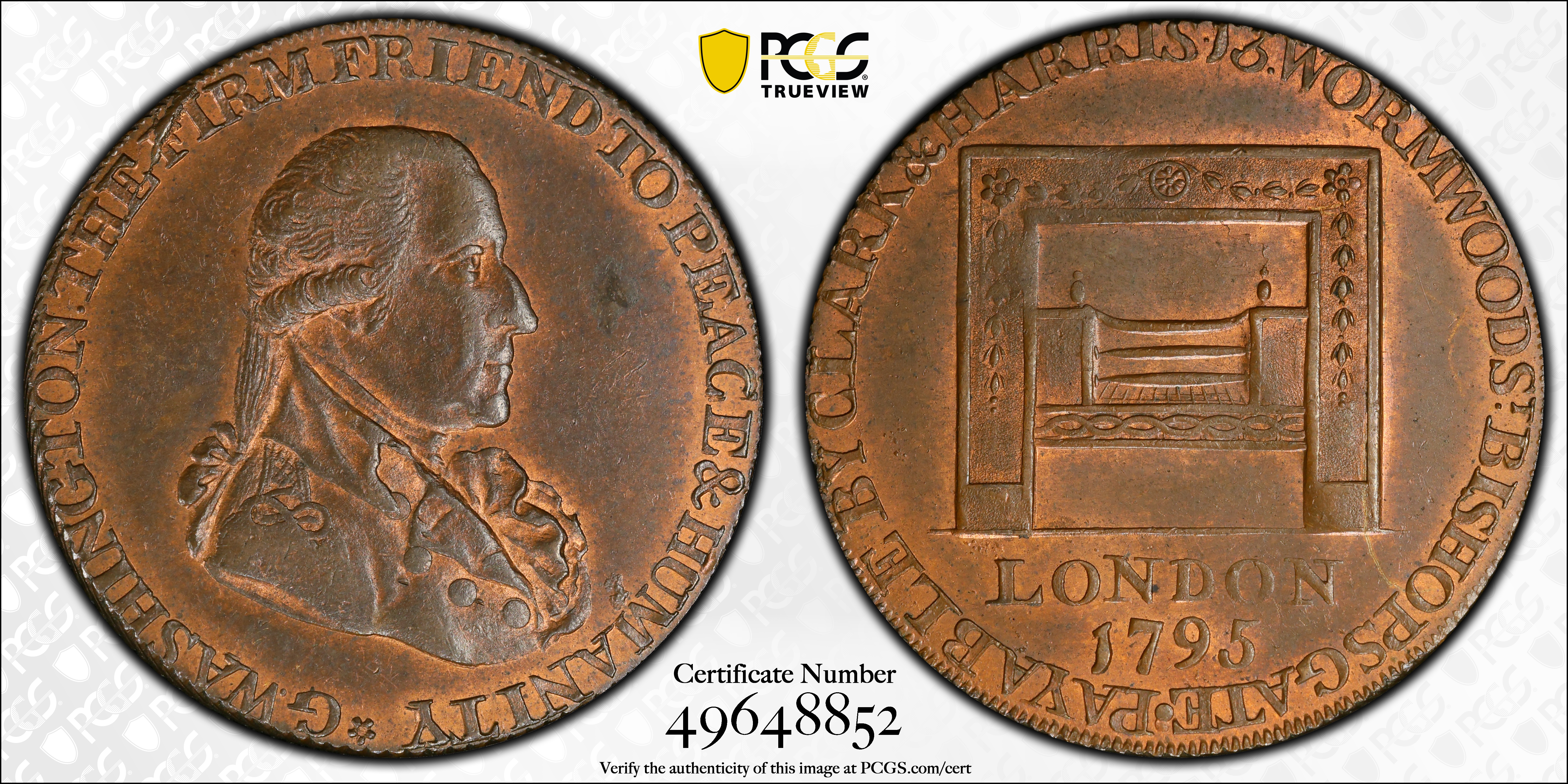 image for: 1795 Washington Grate Halfpenny. Musante GW-49, Baker-29AA, W-10955. Large Buttons. Copper. Reeded Edge. MS-64 RB (PCGS).