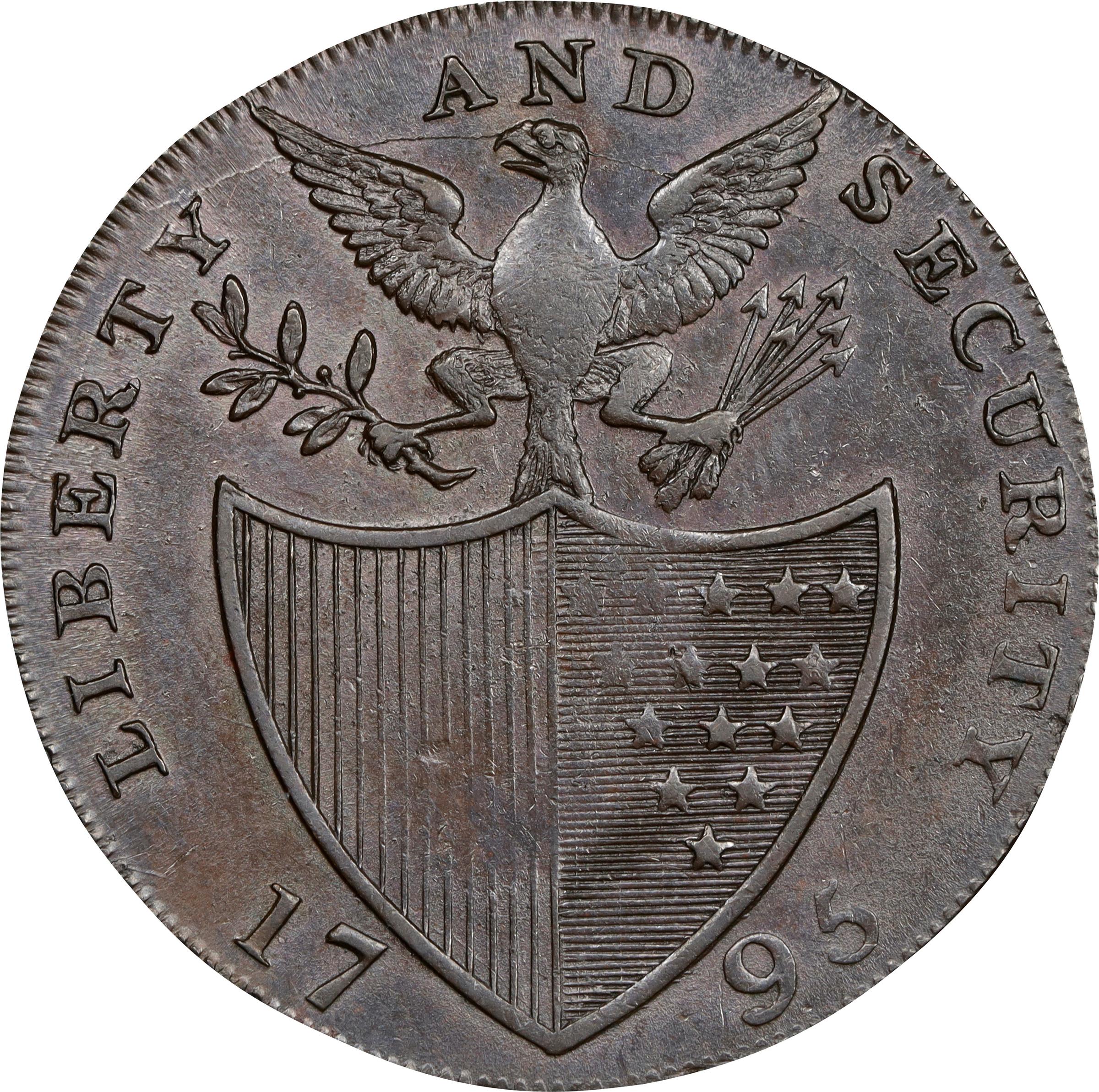image for: 1795 Washington Liberty and Security Halfpenny. Musante GW-48, Baker-31B, W-11010. BIRMINGHAM Edge. AU-58 (PCGS).