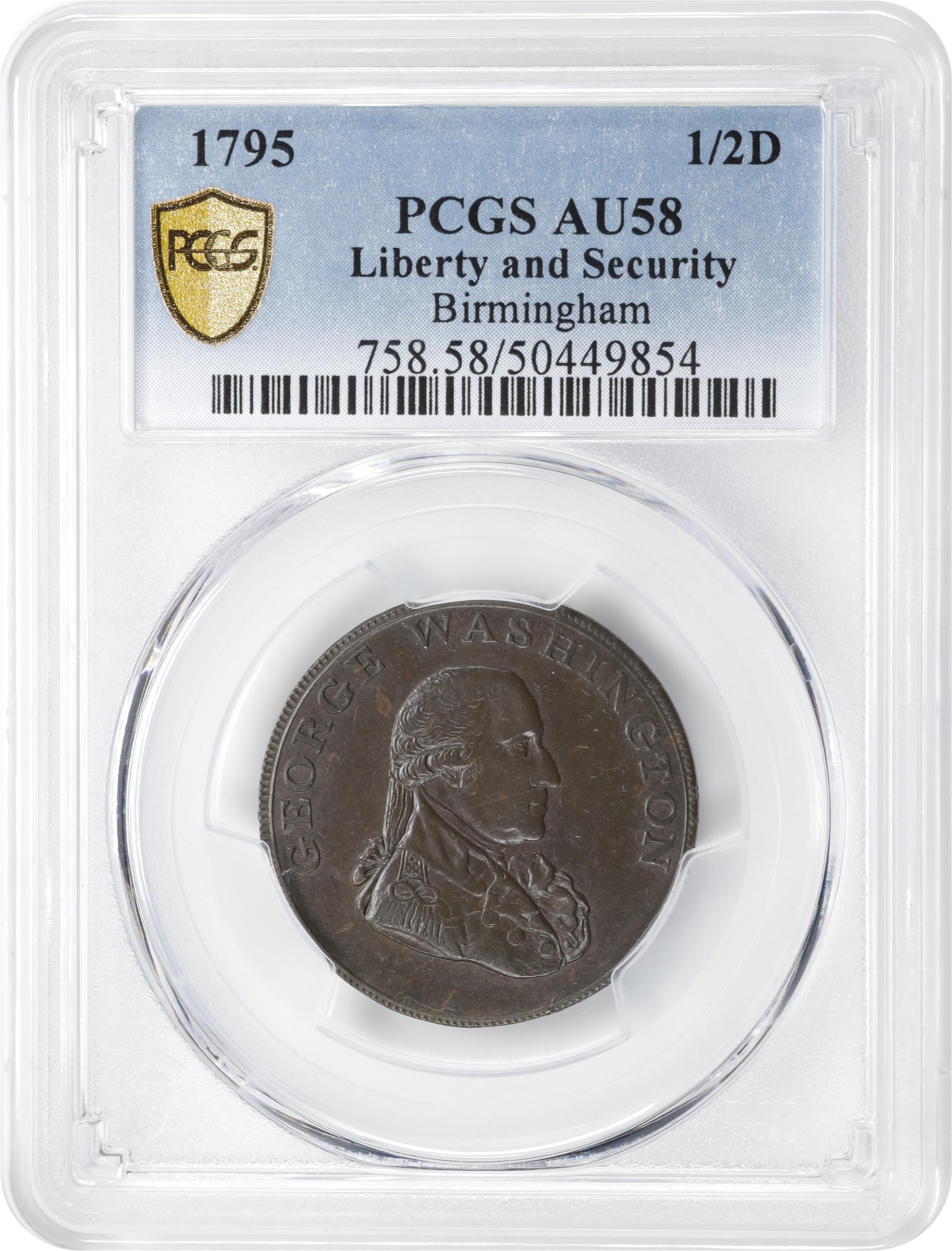 image for: 1795 Washington Liberty and Security Halfpenny. Musante GW-48, Baker-31B, W-11010. BIRMINGHAM Edge. AU-58 (PCGS).