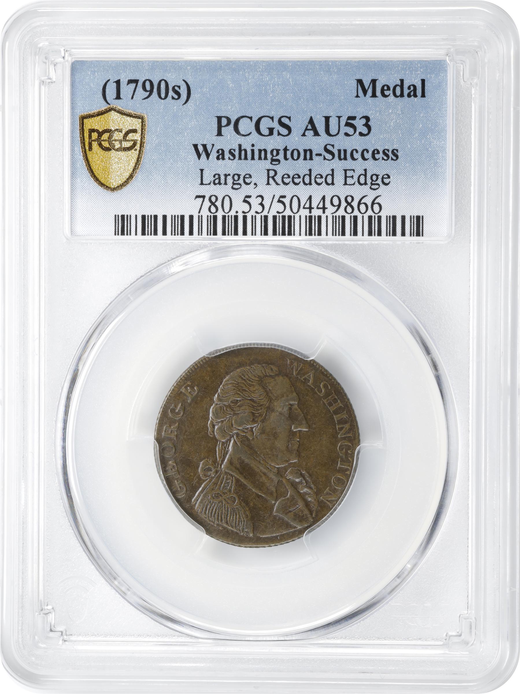 image for: Undated (possibly ca. 1793) Washington Success Medal. Large Size. Musante GW-42, Baker-266, W-10915. Second Die. Brass. Reeded Edge. AU-53 (PCGS).