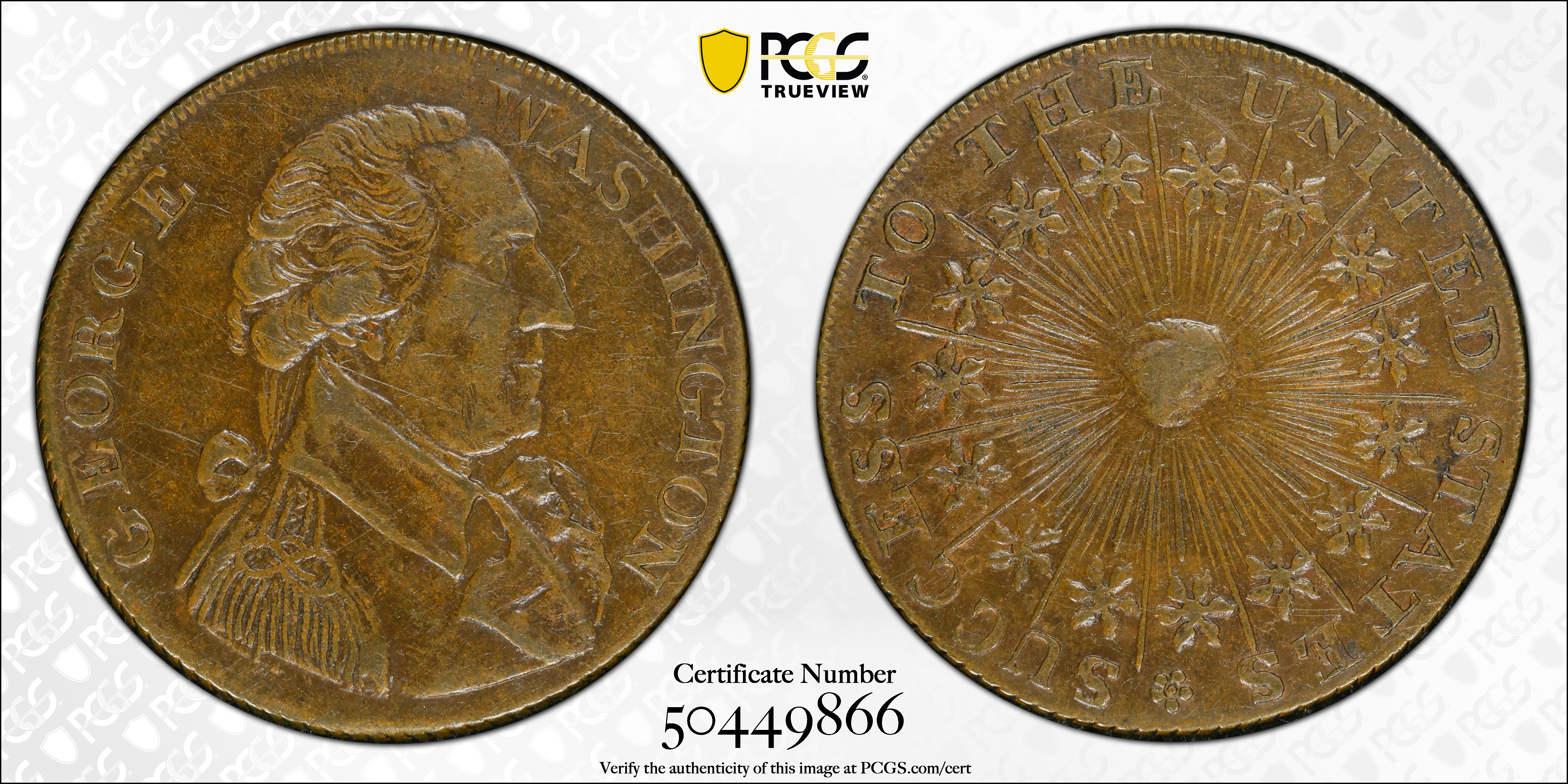 image for: Undated (possibly ca. 1793) Washington Success Medal. Large Size. Musante GW-42, Baker-266, W-10915. Second Die. Brass. Reeded Edge. AU-53 (PCGS).