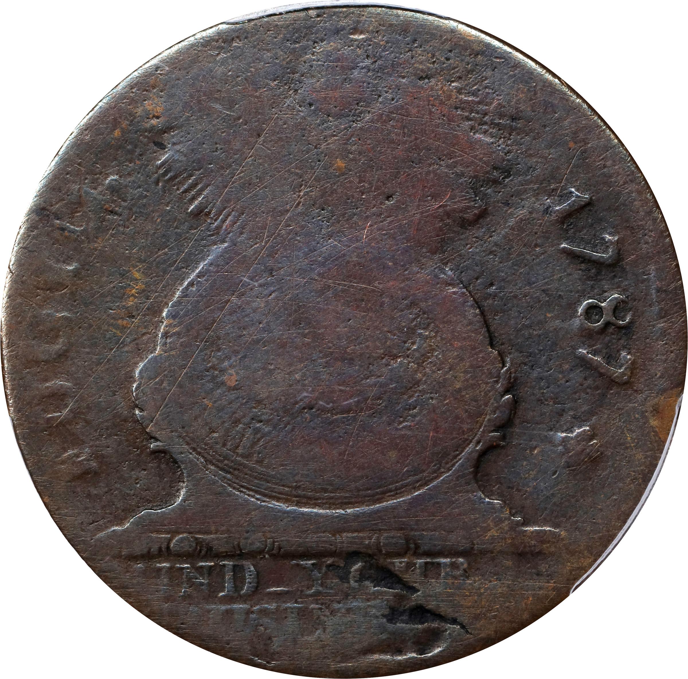 image for: 1787 Fugio Cent. Pointed Rays. Newman 1-L, W-6605. Rarity-5-. Obverse Cross After Date, No Cinquefoils, STATES UNITED. AG-3 (PCGS).