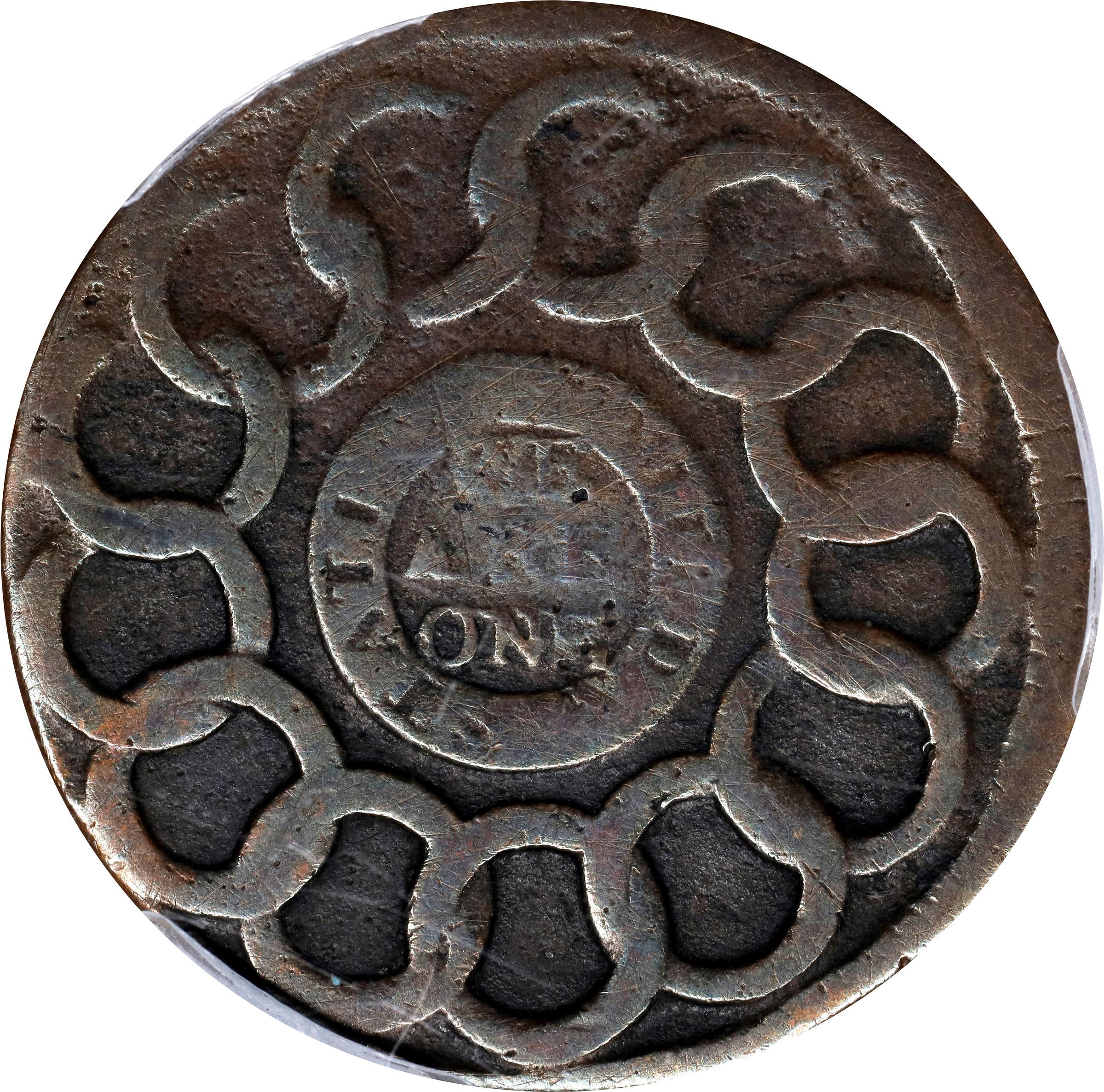 image for: 1787 Fugio Cent. Pointed Rays. Newman 1-L, W-6605. Rarity-5-. Obverse Cross After Date, No Cinquefoils, STATES UNITED. AG-3 (PCGS).