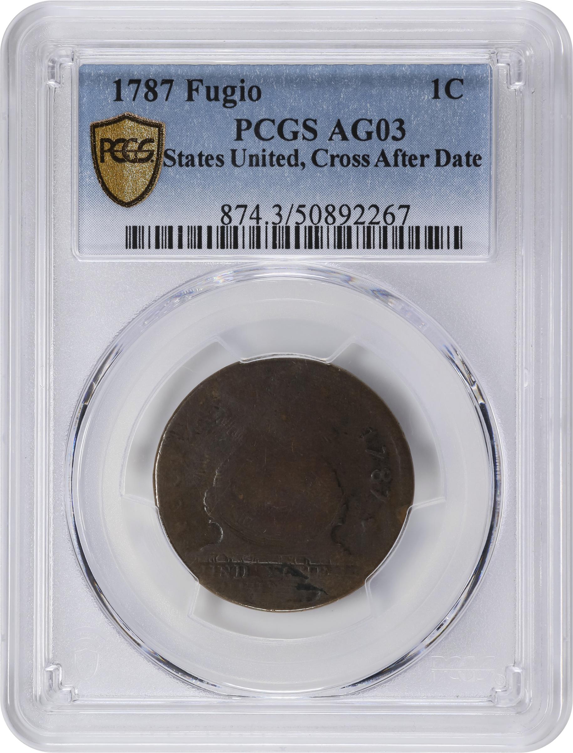 image for: 1787 Fugio Cent. Pointed Rays. Newman 1-L, W-6605. Rarity-5-. Obverse Cross After Date, No Cinquefoils, STATES UNITED. AG-3 (PCGS).