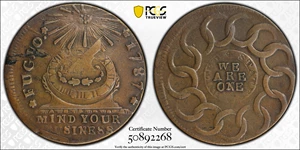 image for: 1787 Fugio Cent. Club Rays. Newman 3-D, W-6680. Rarity-2. Rounded Ends. EF Details--Cleaned (PCGS).