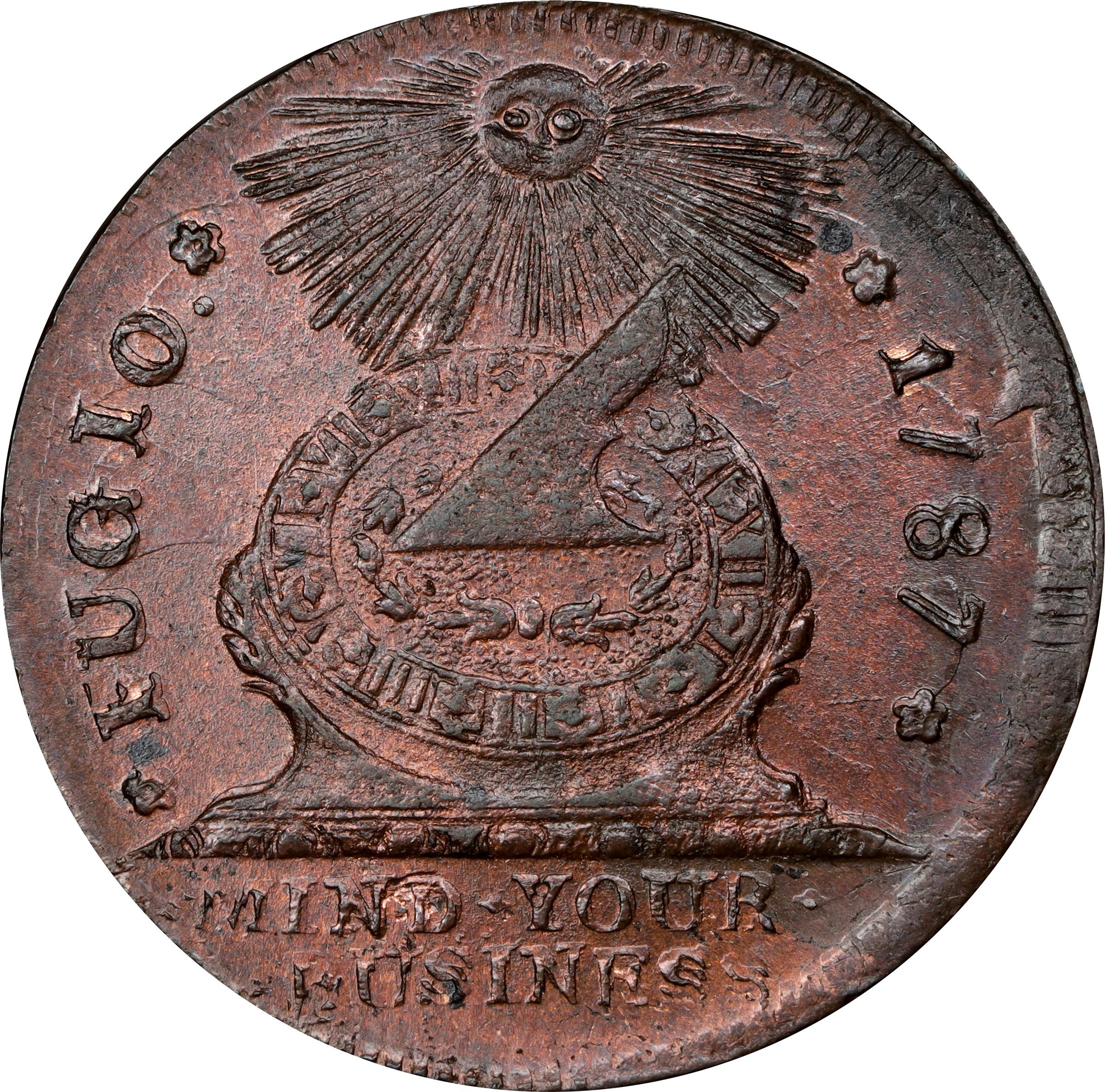 image for: 1787 Fugio Cent. Pointed Rays. Newman 8-B, W-6740. Rarity-2. UNITED STATES, 4 Cinquefoils. MS-64 RB (PCGS).
