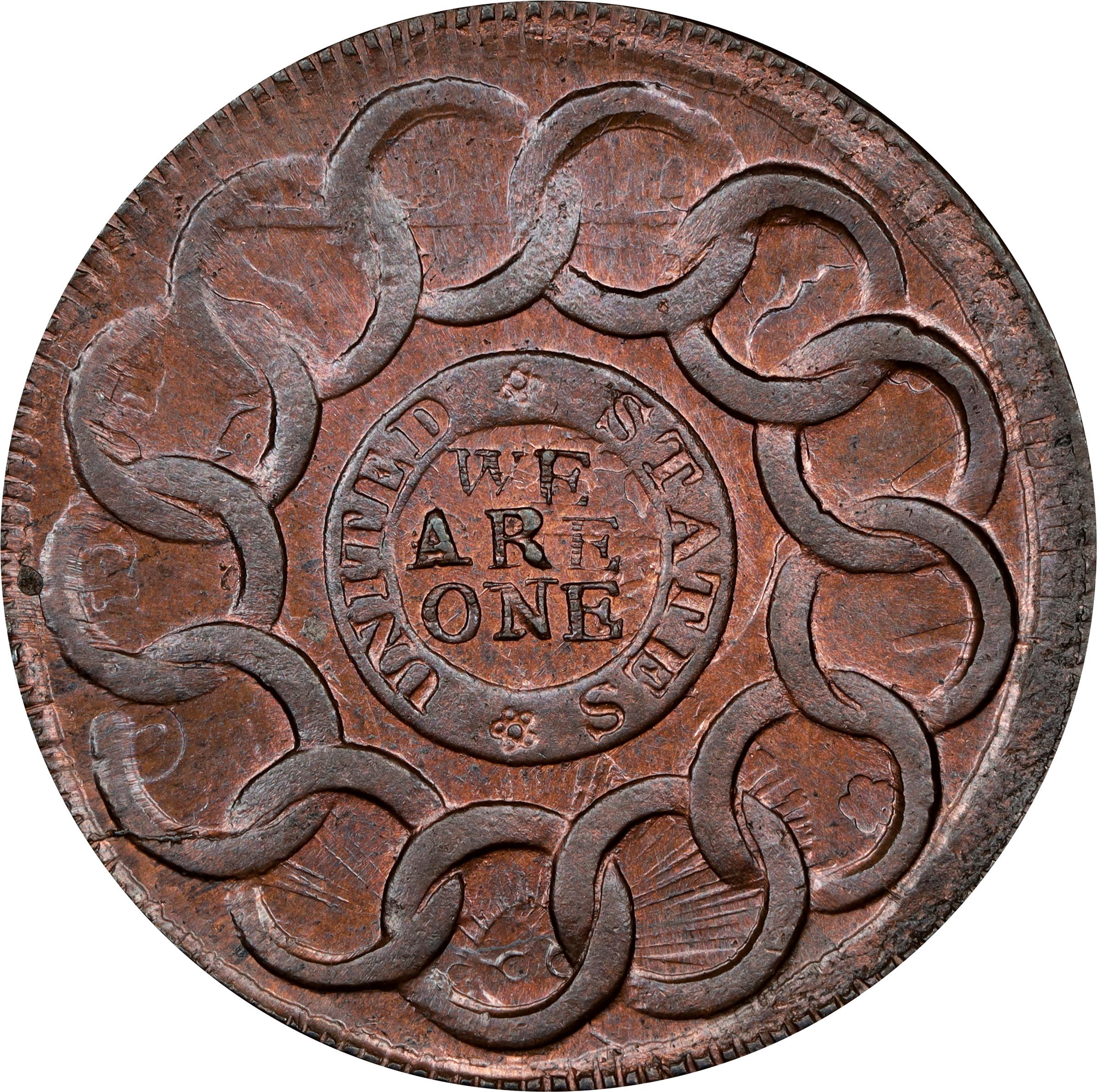 image for: 1787 Fugio Cent. Pointed Rays. Newman 8-B, W-6740. Rarity-2. UNITED STATES, 4 Cinquefoils. MS-64 RB (PCGS).