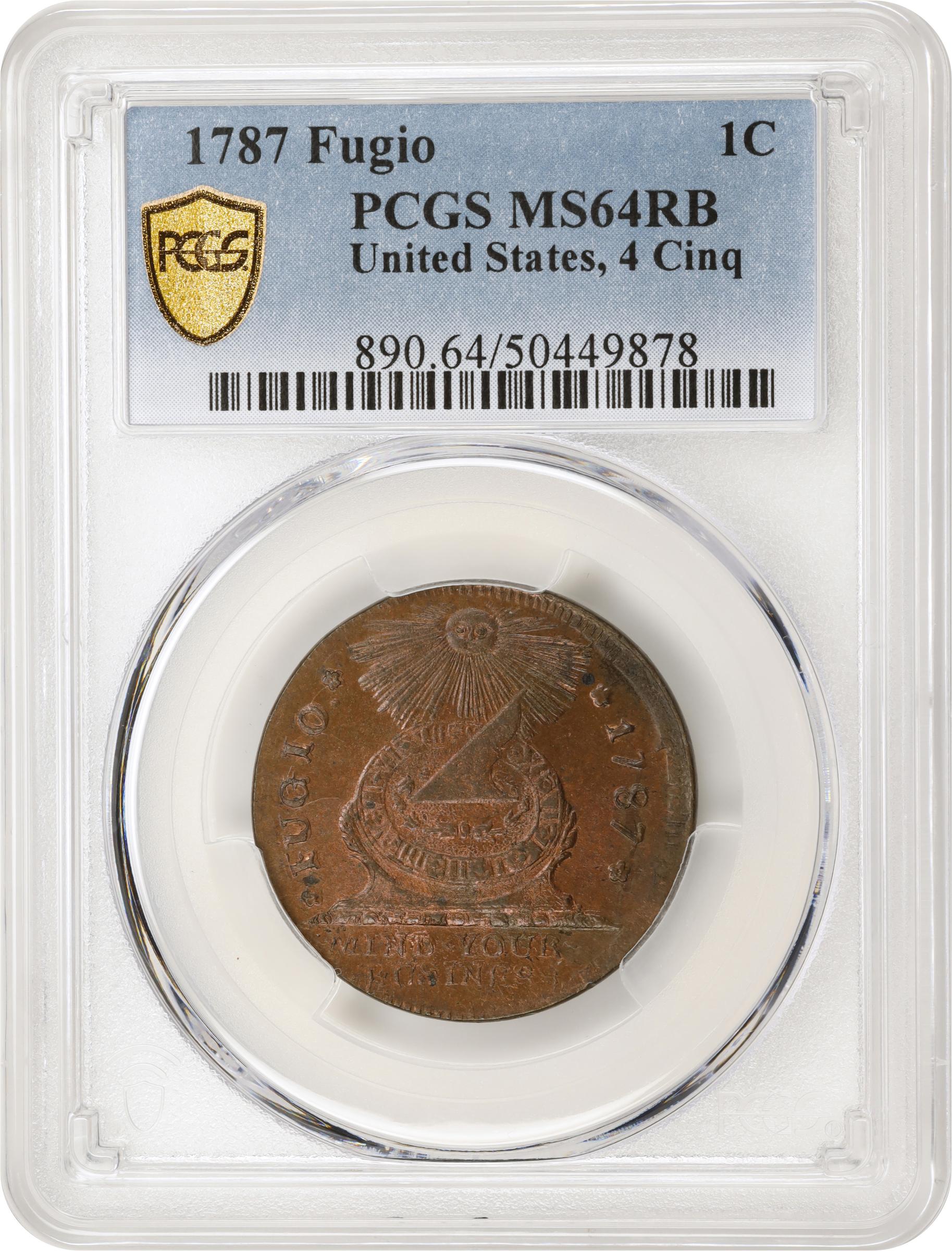 image for: 1787 Fugio Cent. Pointed Rays. Newman 8-B, W-6740. Rarity-2. UNITED STATES, 4 Cinquefoils. MS-64 RB (PCGS).