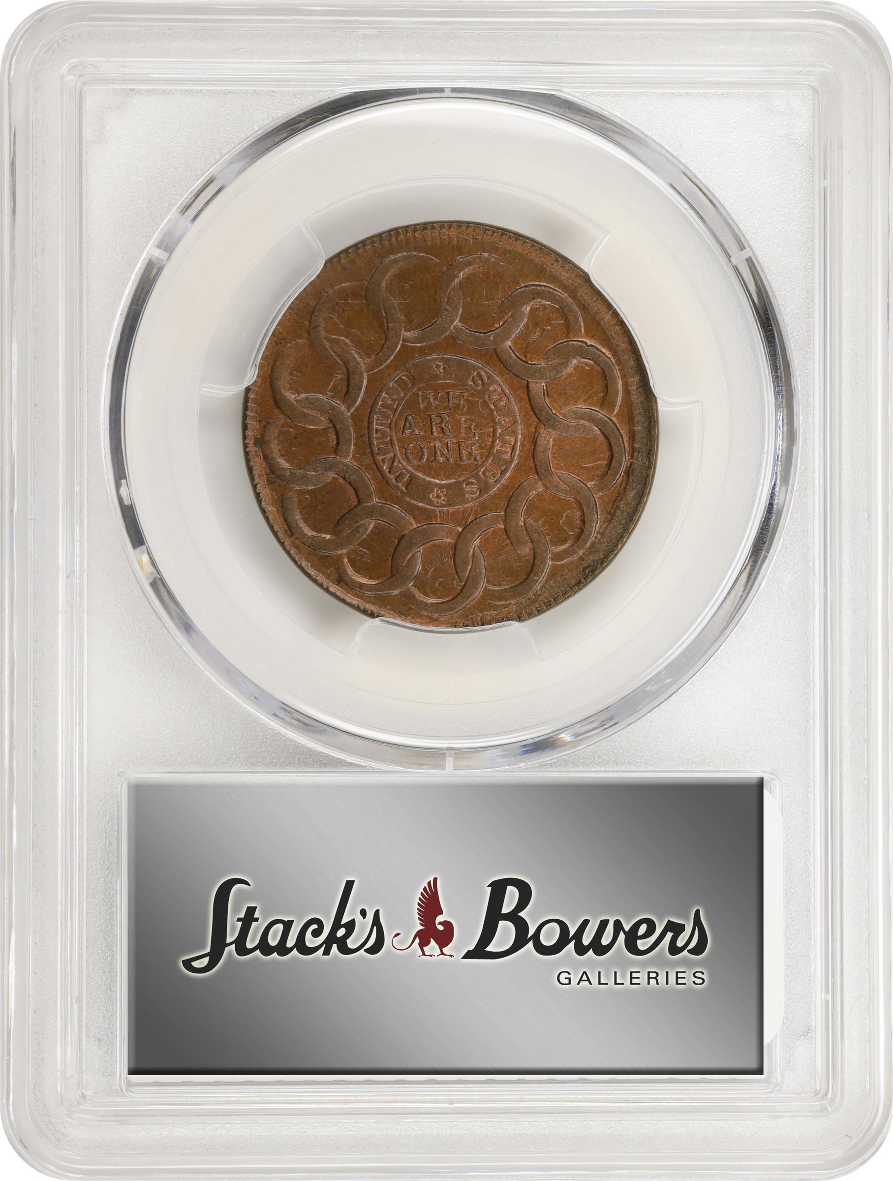 image for: 1787 Fugio Cent. Pointed Rays. Newman 8-B, W-6740. Rarity-2. UNITED STATES, 4 Cinquefoils. MS-64 RB (PCGS).