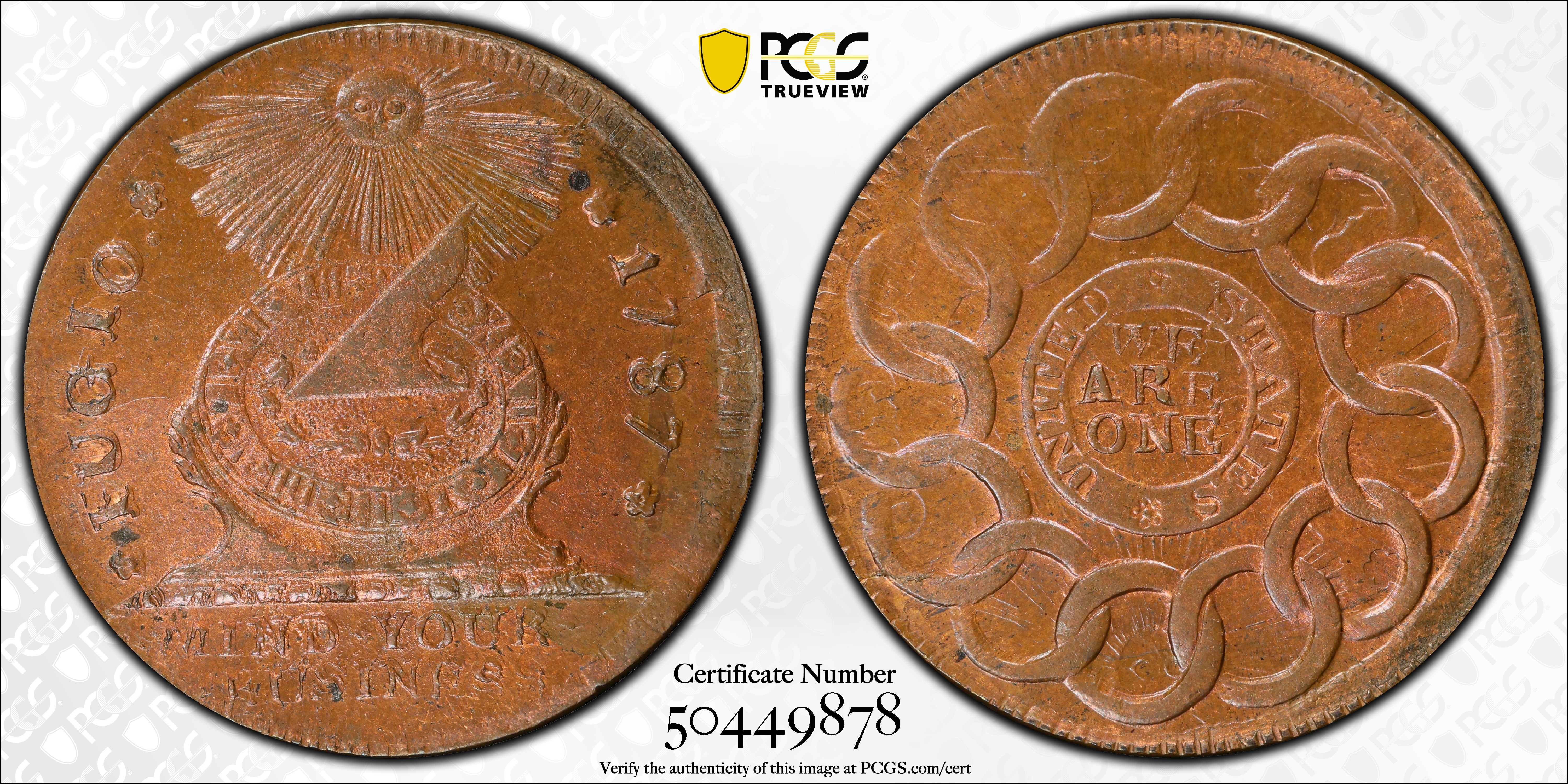 image for: 1787 Fugio Cent. Pointed Rays. Newman 8-B, W-6740. Rarity-2. UNITED STATES, 4 Cinquefoils. MS-64 RB (PCGS).