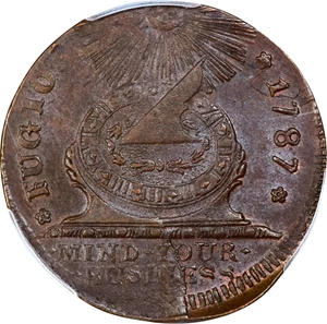 image for: 1787 Fugio Cent. Pointed Rays. Newman 8-X, W-6750. Rarity-3. STATES UNITED, 4 Cinquefoils. Tab Indent. MS-63 BN (PCGS).