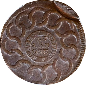 image for: 1787 Fugio Cent. Pointed Rays. Newman 8-X, W-6750. Rarity-3. STATES UNITED, 4 Cinquefoils. Tab Indent. MS-63 BN (PCGS).
