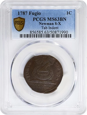 image for: 1787 Fugio Cent. Pointed Rays. Newman 8-X, W-6750. Rarity-3. STATES UNITED, 4 Cinquefoils. Tab Indent. MS-63 BN (PCGS).