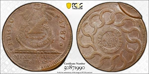 image for: 1787 Fugio Cent. Pointed Rays. Newman 8-X, W-6750. Rarity-3. STATES UNITED, 4 Cinquefoils. Tab Indent. MS-63 BN (PCGS).