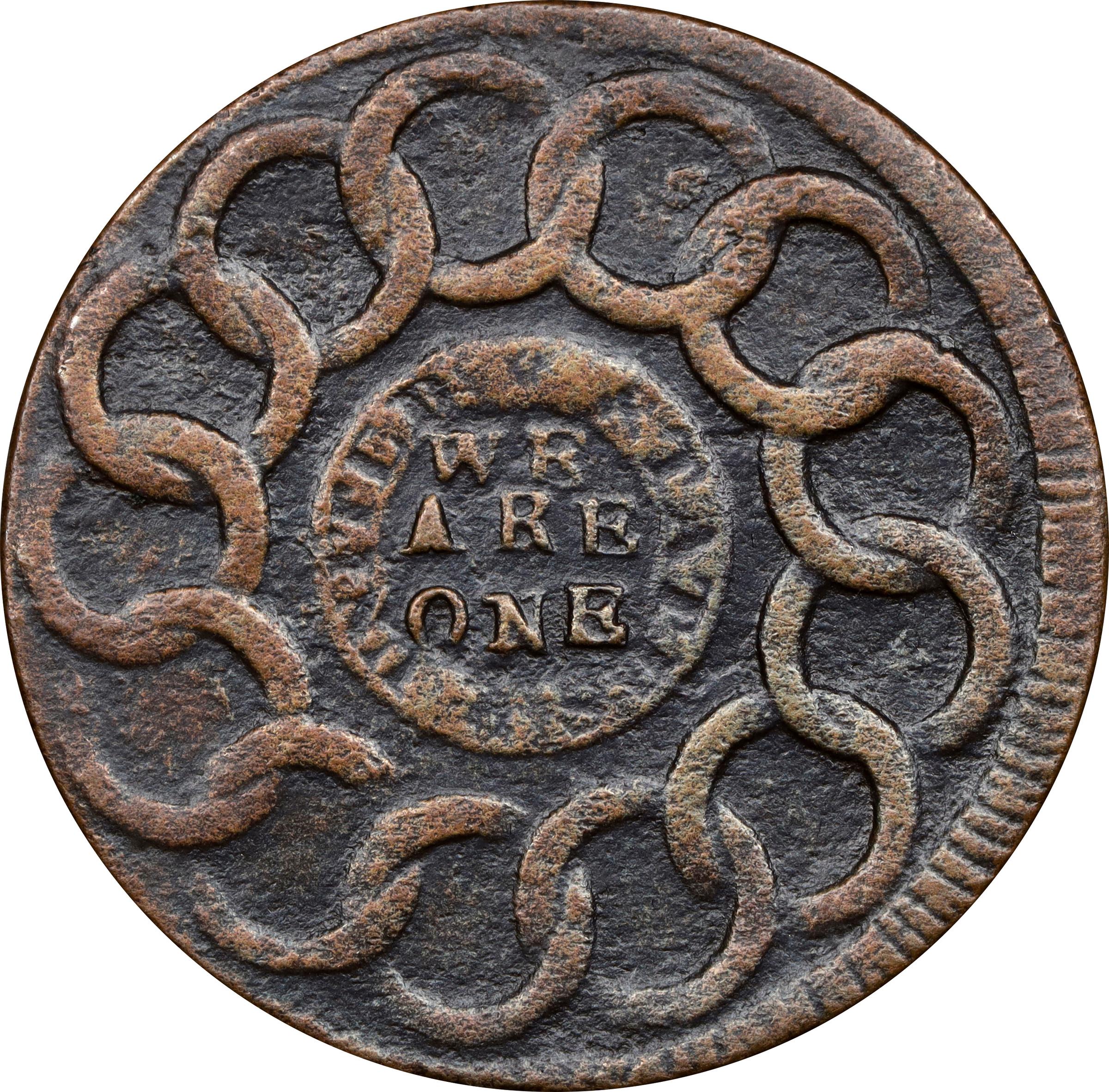 image for: 1787 Fugio Cent. Pointed Rays. Newman 10-G, W-6700. Rarity-5. UNITED STATES, 1/Horizontal 1. VF Details--Environmental Damage (PCGS).