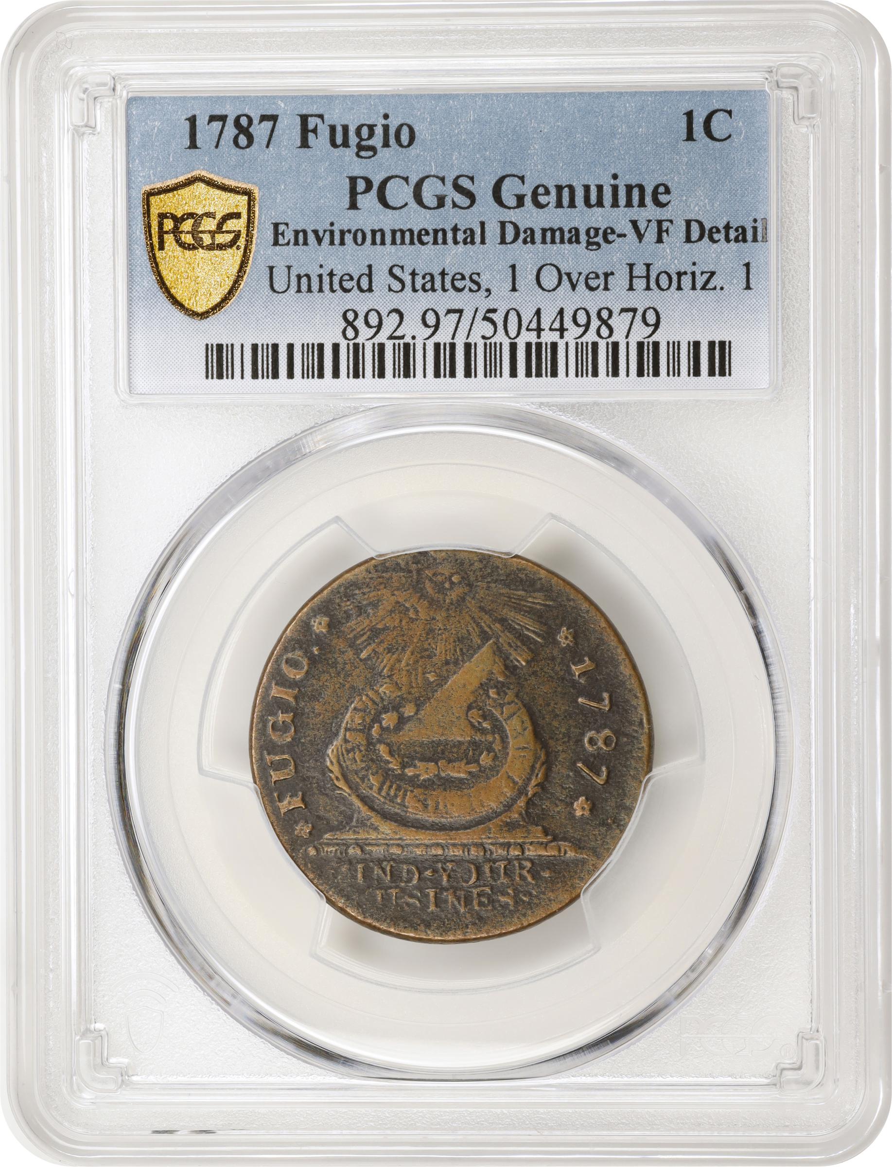 image for: 1787 Fugio Cent. Pointed Rays. Newman 10-G, W-6700. Rarity-5. UNITED STATES, 1/Horizontal 1. VF Details--Environmental Damage (PCGS).