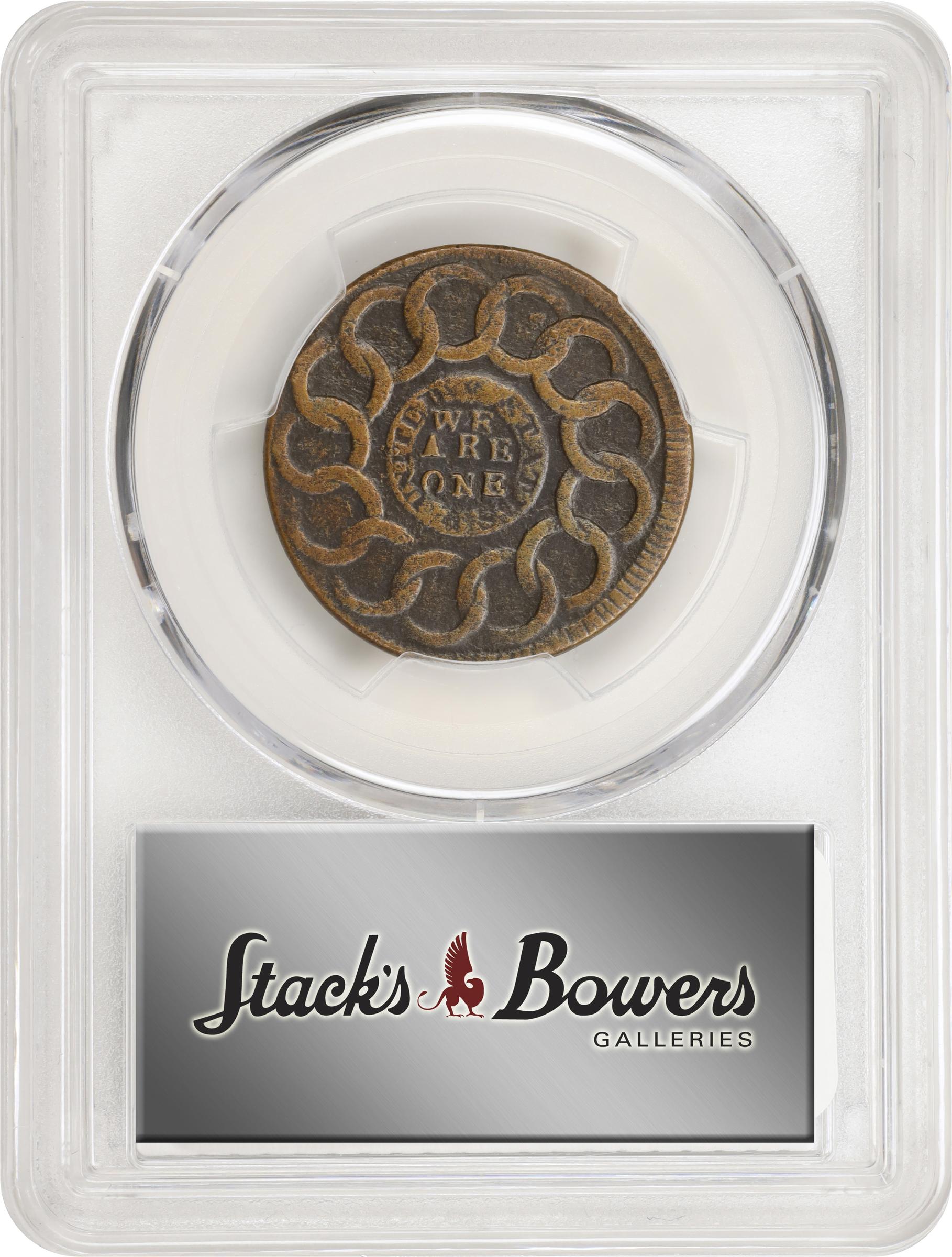 image for: 1787 Fugio Cent. Pointed Rays. Newman 10-G, W-6700. Rarity-5. UNITED STATES, 1/Horizontal 1. VF Details--Environmental Damage (PCGS).