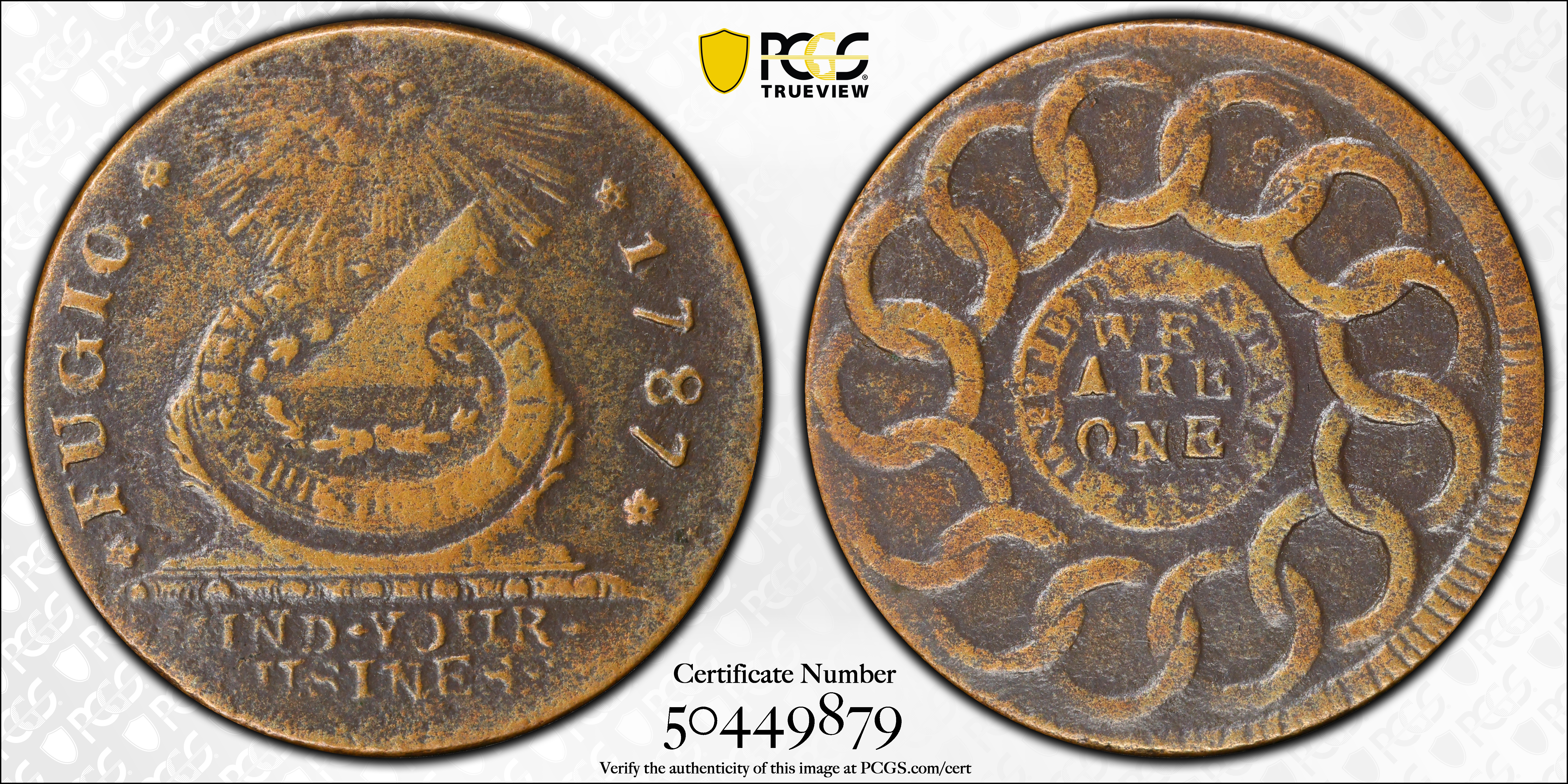 image for: 1787 Fugio Cent. Pointed Rays. Newman 10-G, W-6700. Rarity-5. UNITED STATES, 1/Horizontal 1. VF Details--Environmental Damage (PCGS).