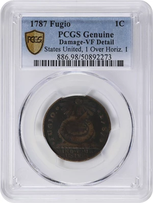 image for: 1787 Fugio Cent. Pointed Rays. Newman 10-T, W-6705. Rarity-5-. STATES UNITED, 1/Horizontal 1. VF Details--Damage (PCGS).