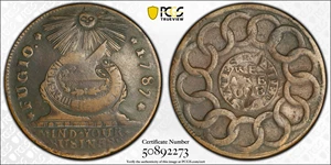 image for: 1787 Fugio Cent. Pointed Rays. Newman 10-T, W-6705. Rarity-5-. STATES UNITED, 1/Horizontal 1. VF Details--Damage (PCGS).