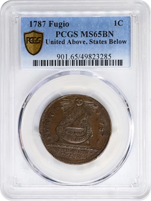 image for: 1787 Fugio Cent. Pointed Rays. Newman 11-A, W-6780. Rarity-5+. UNITED Above, STATES Below. MS-65 BN (PCGS).