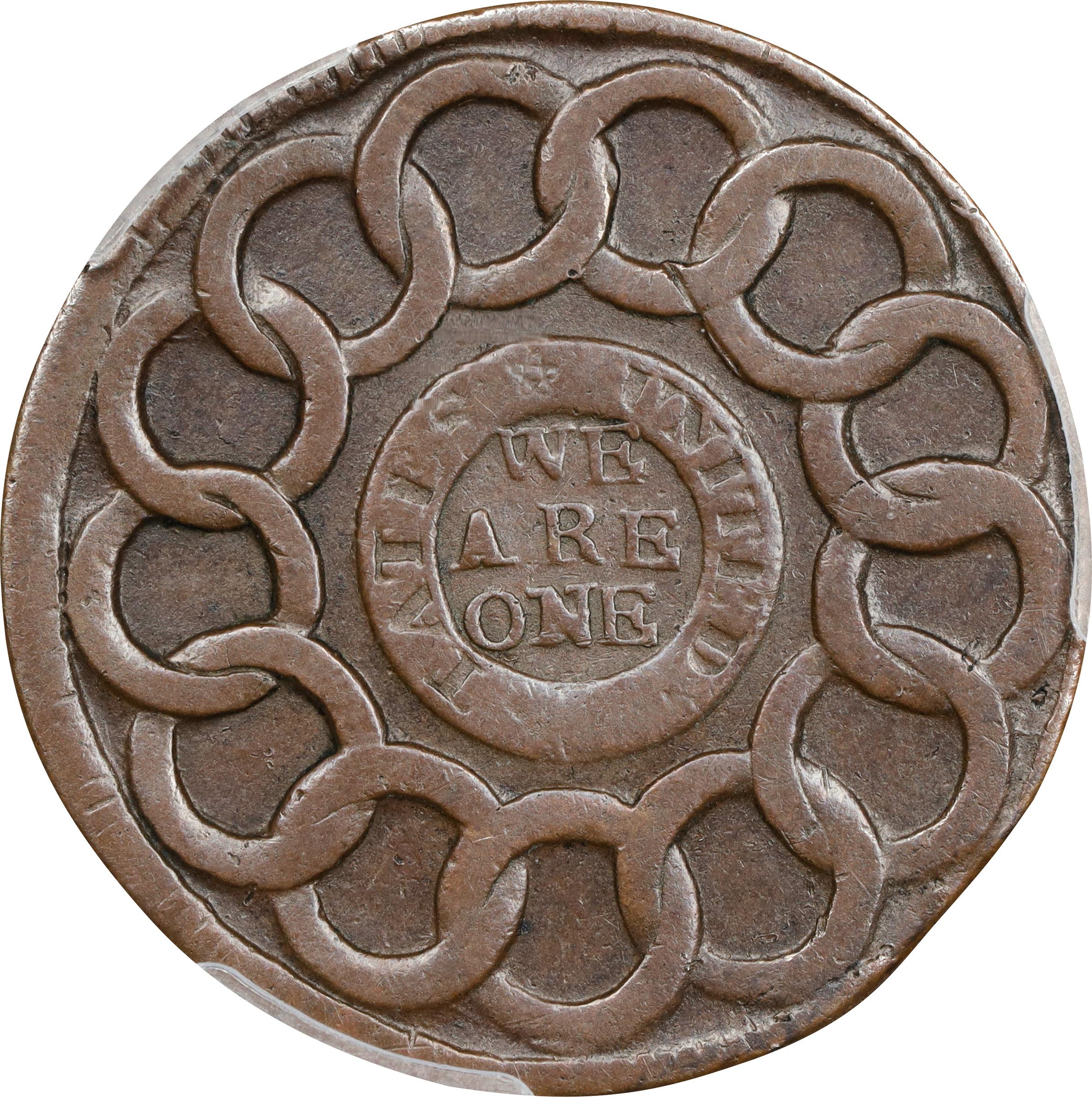 image for: 1787 Fugio Cent. Pointed Rays. Newman 12-S, W-6805. Rarity-5-. STATES UNITED, 4 Cinquefoils. VF-20 (PCGS).