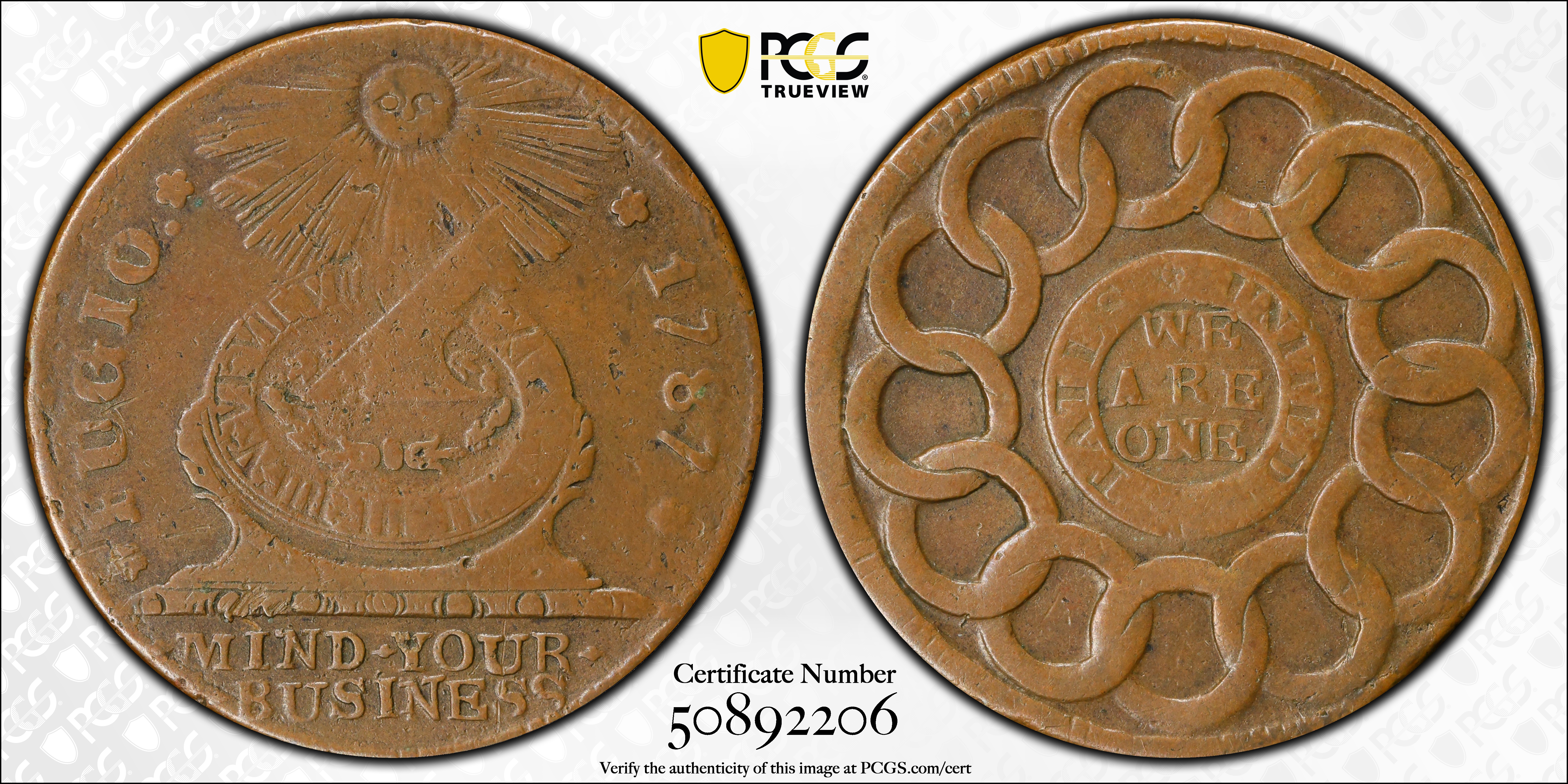 image for: 1787 Fugio Cent. Pointed Rays. Newman 12-S, W-6805. Rarity-5-. STATES UNITED, 4 Cinquefoils. VF-20 (PCGS).