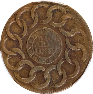 image for: 1787 Fugio Cent. Pointed Rays. Newman 12-Z, W-6830. Rarity-5-. STATES UNITED, Label With Raised Rims, Large Letters in WE ARE ONE. VF-25 (PCGS).
