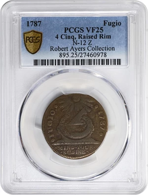 image for: 1787 Fugio Cent. Pointed Rays. Newman 12-Z, W-6830. Rarity-5-. STATES UNITED, Label With Raised Rims, Large Letters in WE ARE ONE. VF-25 (PCGS).