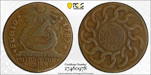 image for: 1787 Fugio Cent. Pointed Rays. Newman 12-Z, W-6830. Rarity-5-. STATES UNITED, Label With Raised Rims, Large Letters in WE ARE ONE. VF-25 (PCGS).