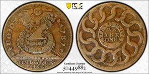 image for: 1787 Fugio Cent. Pointed Rays. Newman 15-Y, W-6915. Rarity-2. STATES UNITED, 8-Pointed Stars on Label. EF-45 (PCGS).