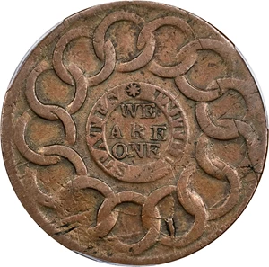 image for: 1787 Fugio Cent. Pointed Rays. Newman 15-Y, W-6915. Rarity-2. STATES UNITED, 8-Pointed Stars on Label. VF-30 (PCGS).