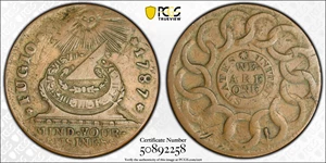 image for: 1787 Fugio Cent. Pointed Rays. Newman 15-Y, W-6915. Rarity-2. STATES UNITED, 8-Pointed Stars on Label. VF-30 (PCGS).